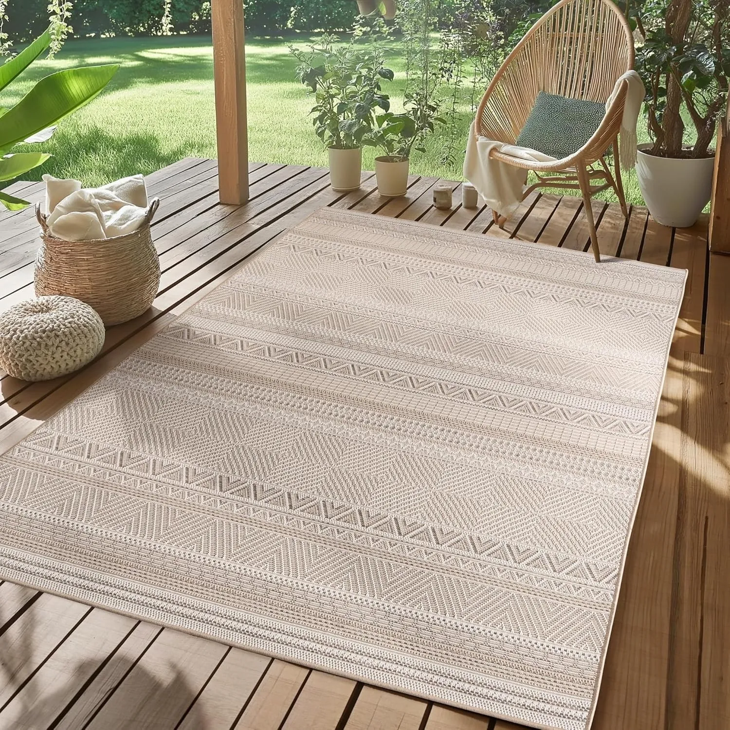 SIMPEX Outdoor Teppich Beige 240x340 cm Wetterfest UV-beständig Pflegeleicht Skandinavisches Boho Design für Küche Balk…