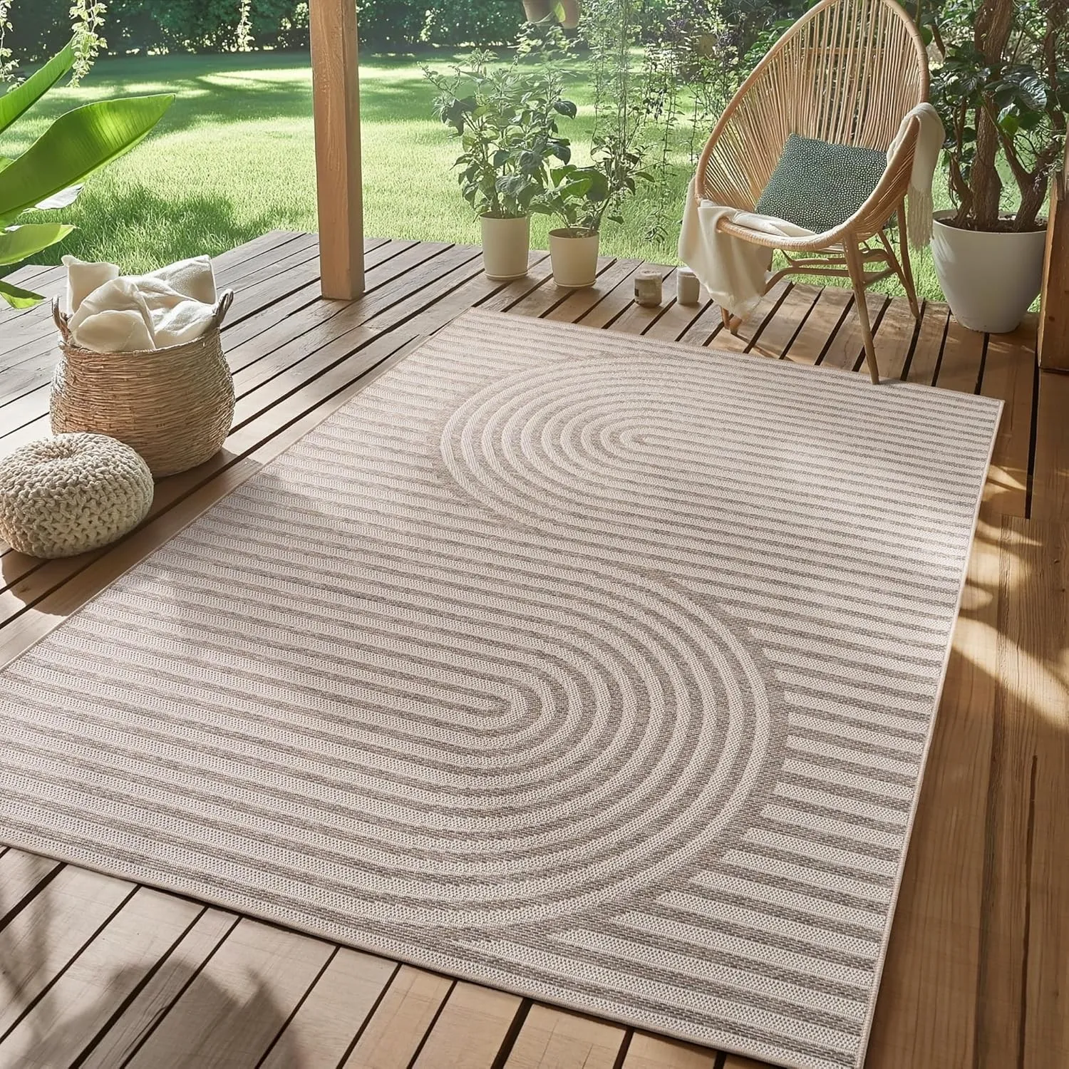 SIMPEX Outdoor Teppich Beige 200x290 cm Wetterfest UV-beständig Pflegeleicht Skandinavisches Boho Design für Küche Balk…