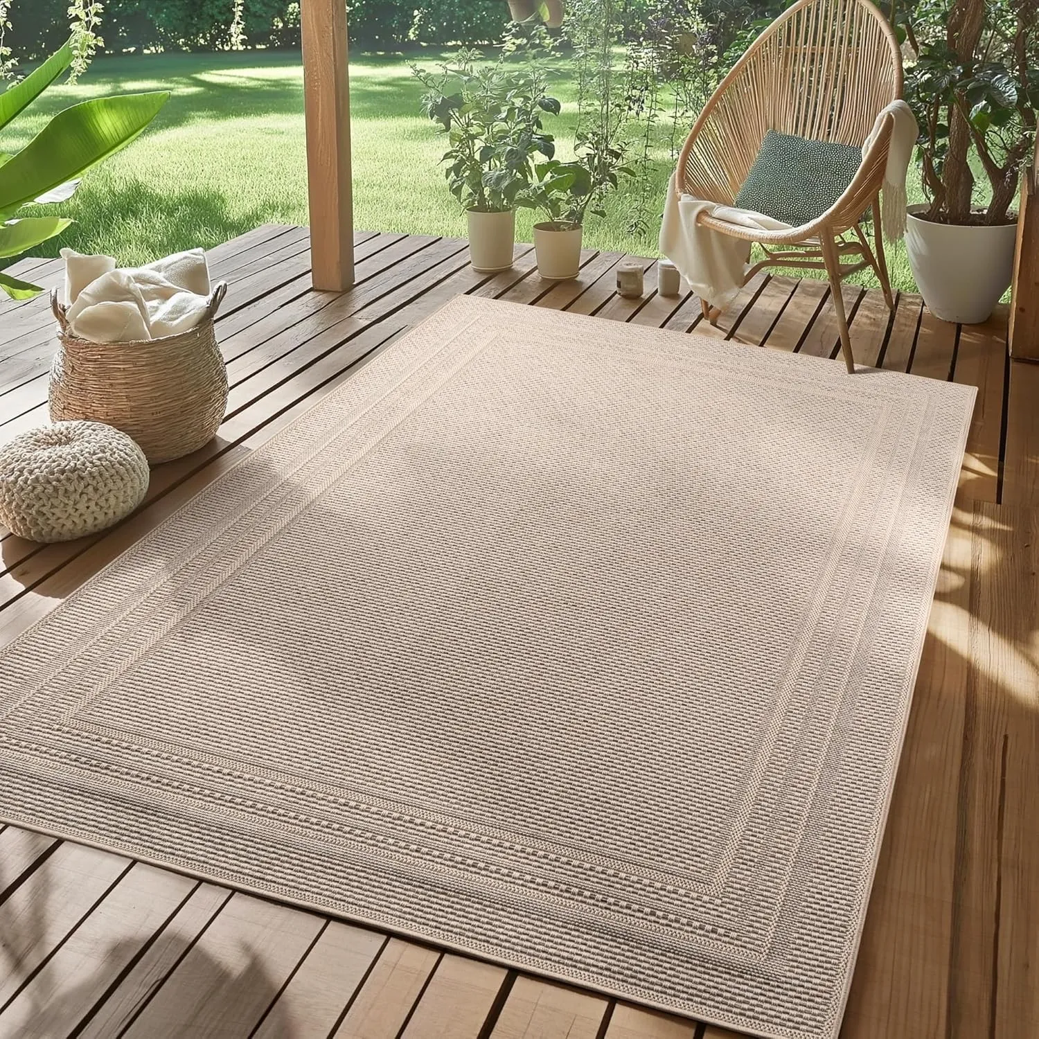 SIMPEX Outdoor Teppich Beige 120x170 cm Wetterfest UV-beständig Pflegeleicht Einfarbiges Design mit Bordüre für Küche B…
