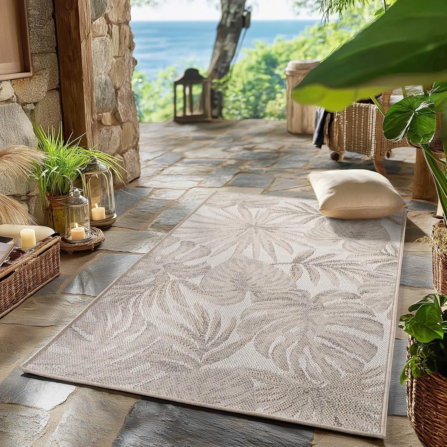SIMPEX Outdoor Teppich Beige 80x150 cm Läufer Wetterfest UV-beständig Pflegeleicht Palmblätter Design für Küche Balkon …