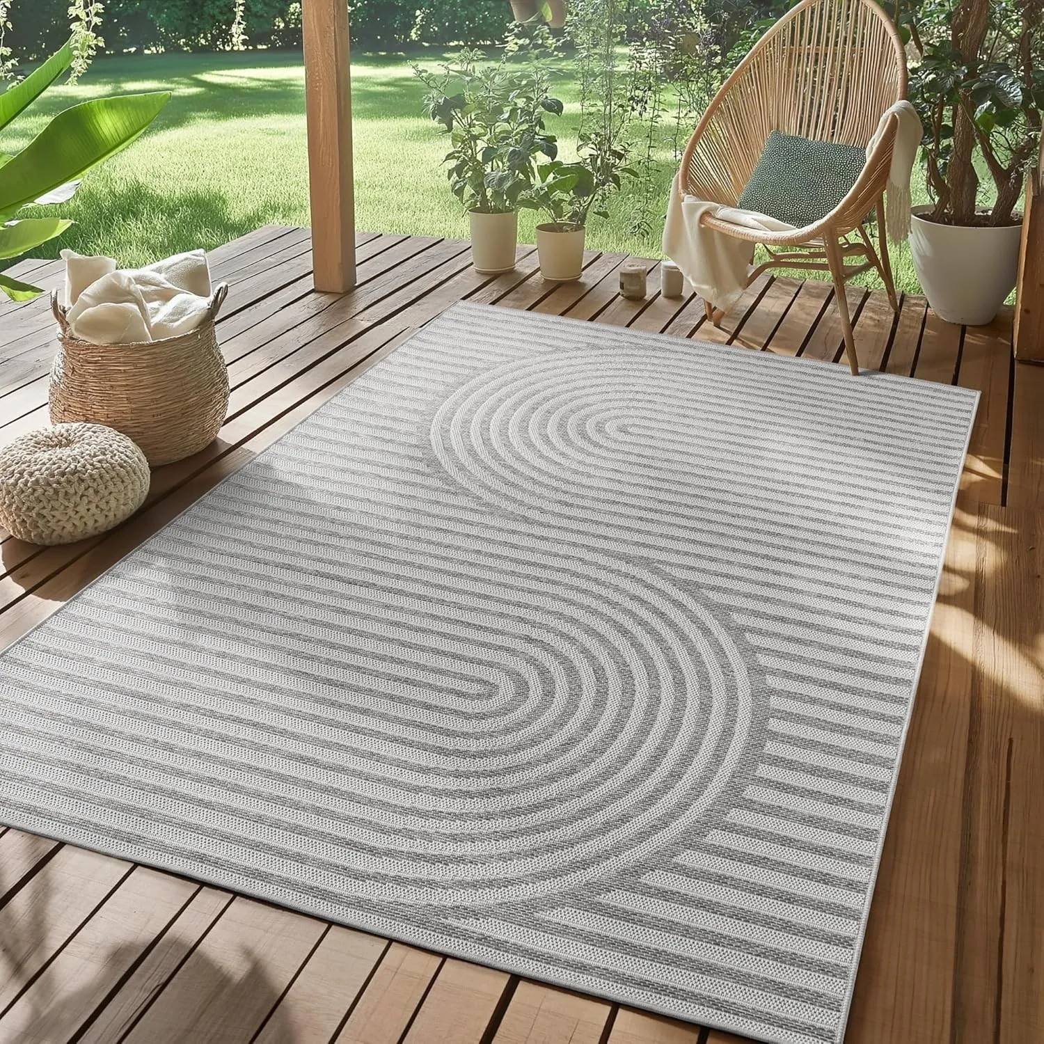 SIMPEX Outdoor Teppich Grau 240x340 cm Wetterfest UV-beständig Pflegeleicht Skandinavisches Boho Design für Küche Balko…
