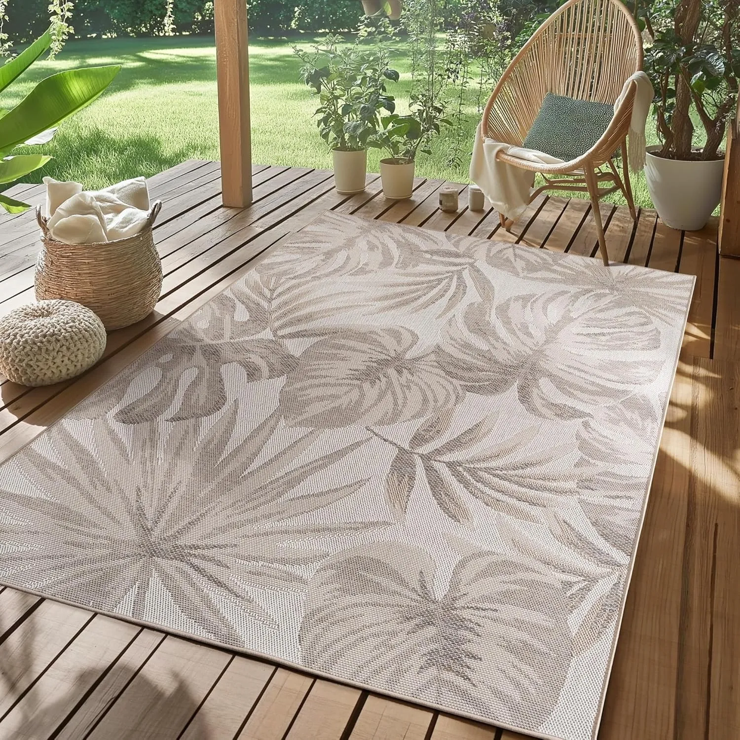 SIMPEX Outdoor Teppich Beige 240x340 cm Wetterfest UV-beständig Pflegeleicht Palmblätter Design für Küche Balkon Terras…
