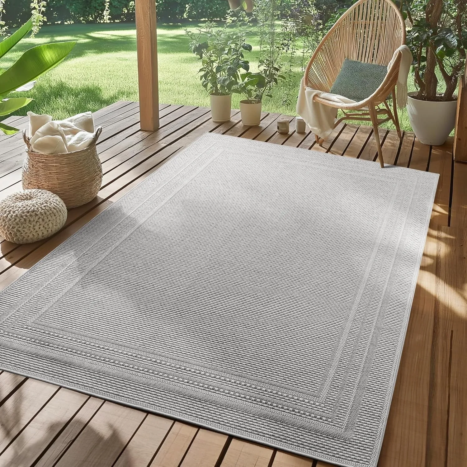 SIMPEX Outdoor Teppich Grau 280x370 cm Wetterfest UV-beständig Pflegeleicht Einfarbiges Design mit Bordüre für Küche Ba…