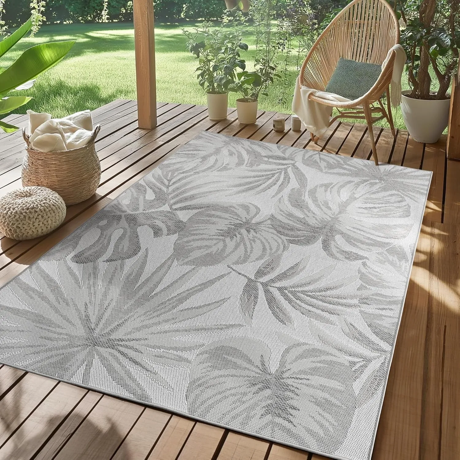 SIMPEX Outdoor Teppich Grau 240x340 cm Wetterfest UV-beständig Pflegeleicht Palmblätter Design für Küche Balkon Terrass…