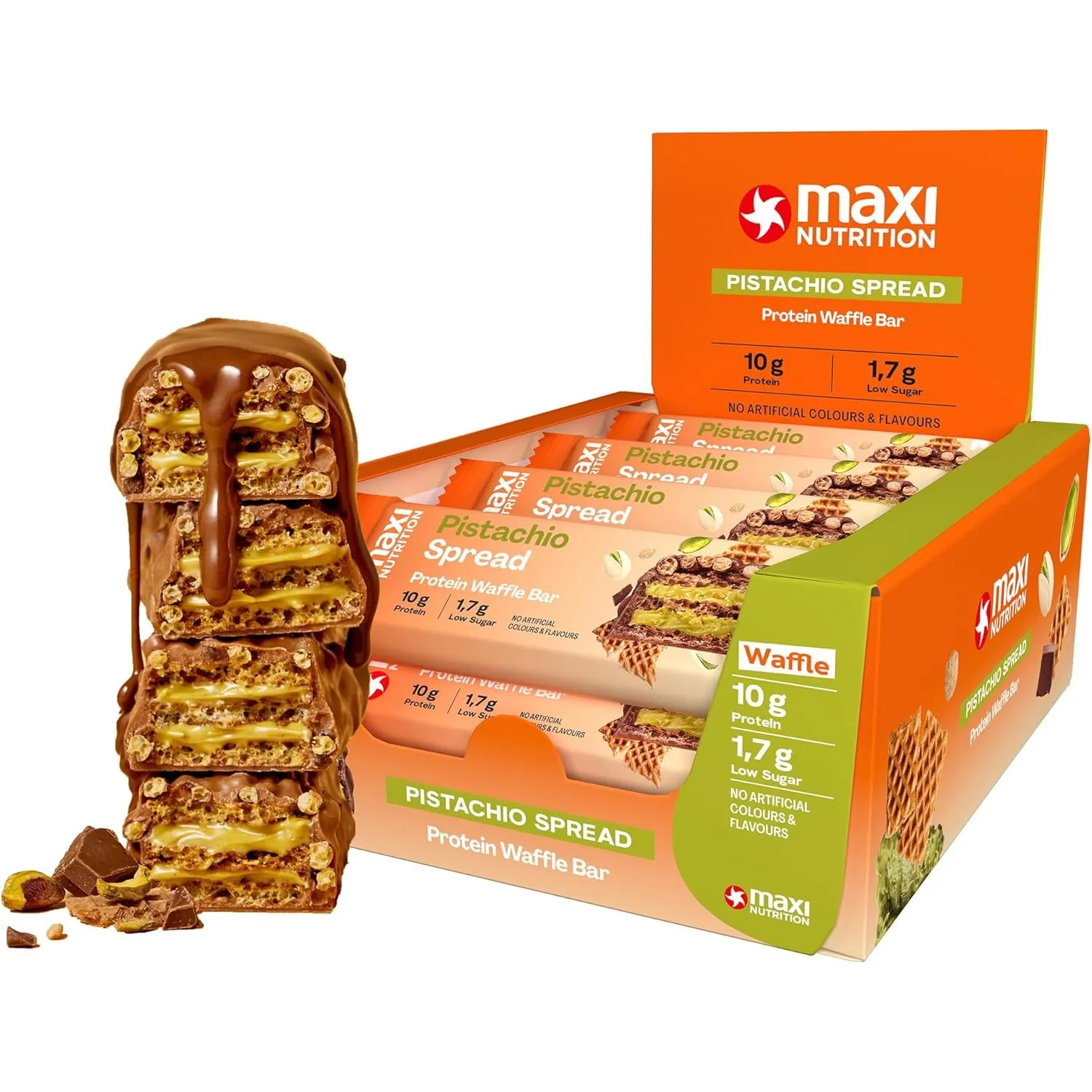 MaxiNutrition Pistachio Spread Protein Waffle Bar, 26% Eiweiß, 199 kcal, (12 Eiweißriegel x 39g), Ohne Zuckerzusatz