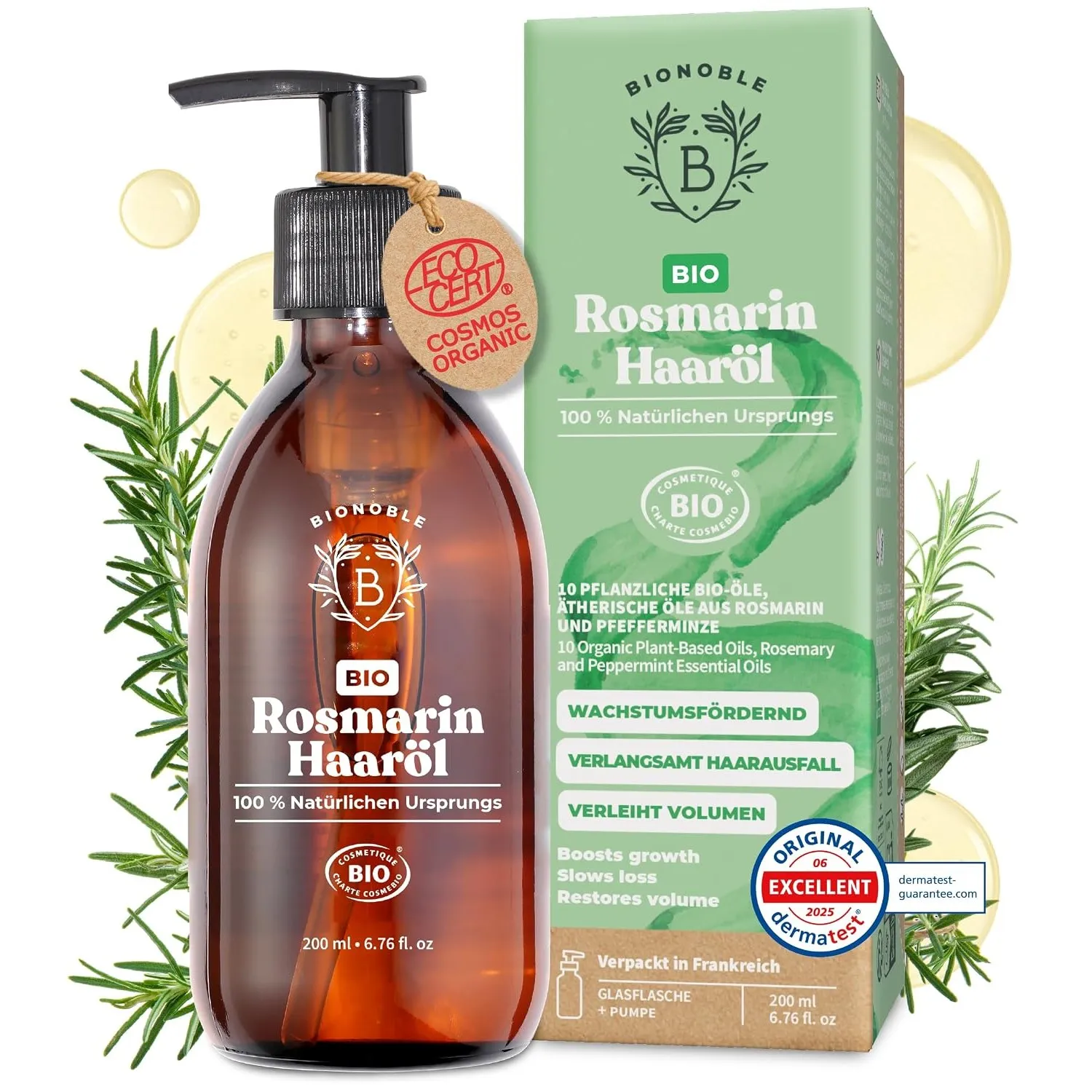 BIONOBLE Rosmarinöl Haare Bio - Haaröl Wachstum, Kopfhaut Öl, Bart - 200ml