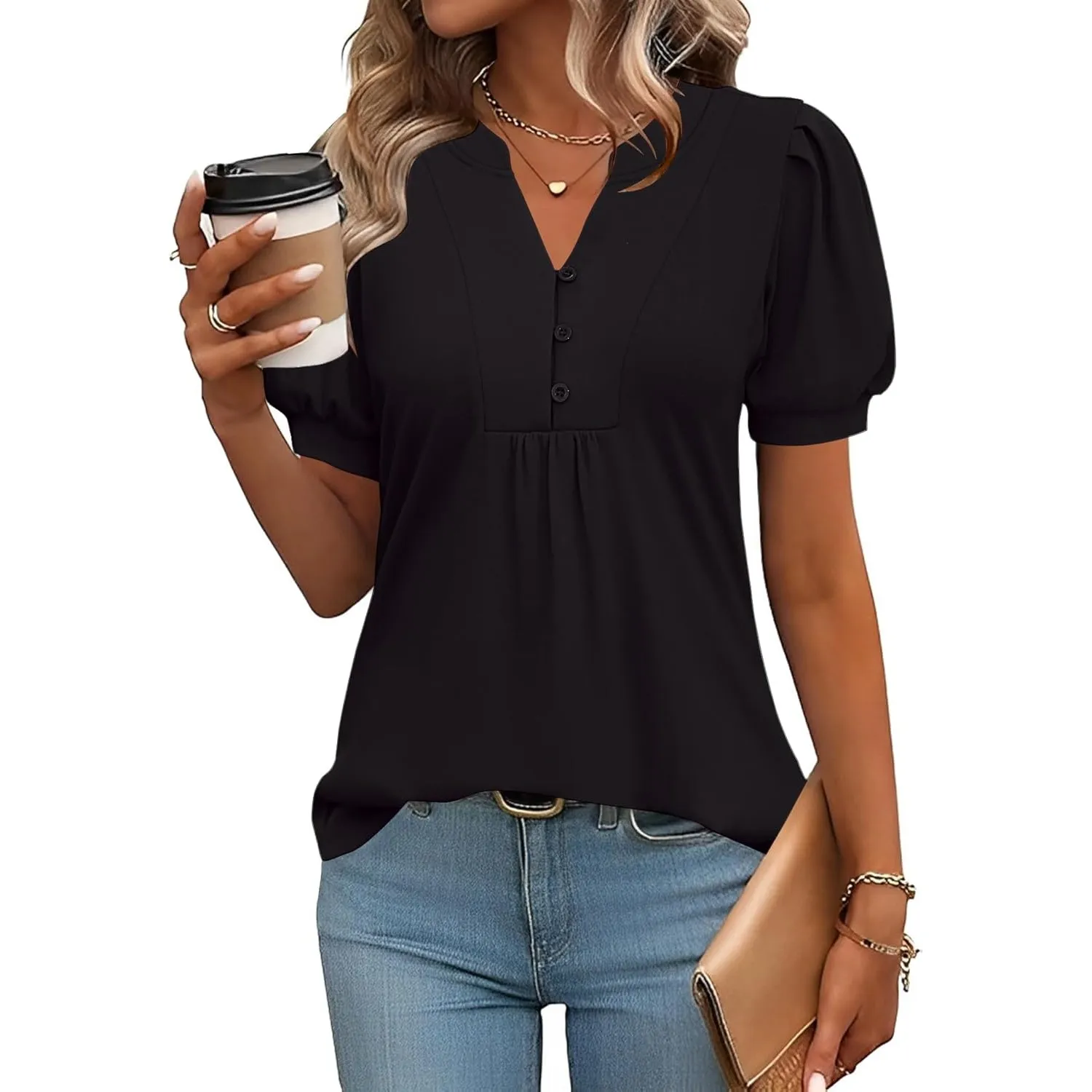 Rapbin Bluse Damen V-Ausschnitt Knopfleiste T-Shirt Tunika Kurzarm Top Sommer Oberteile Elegant Casual