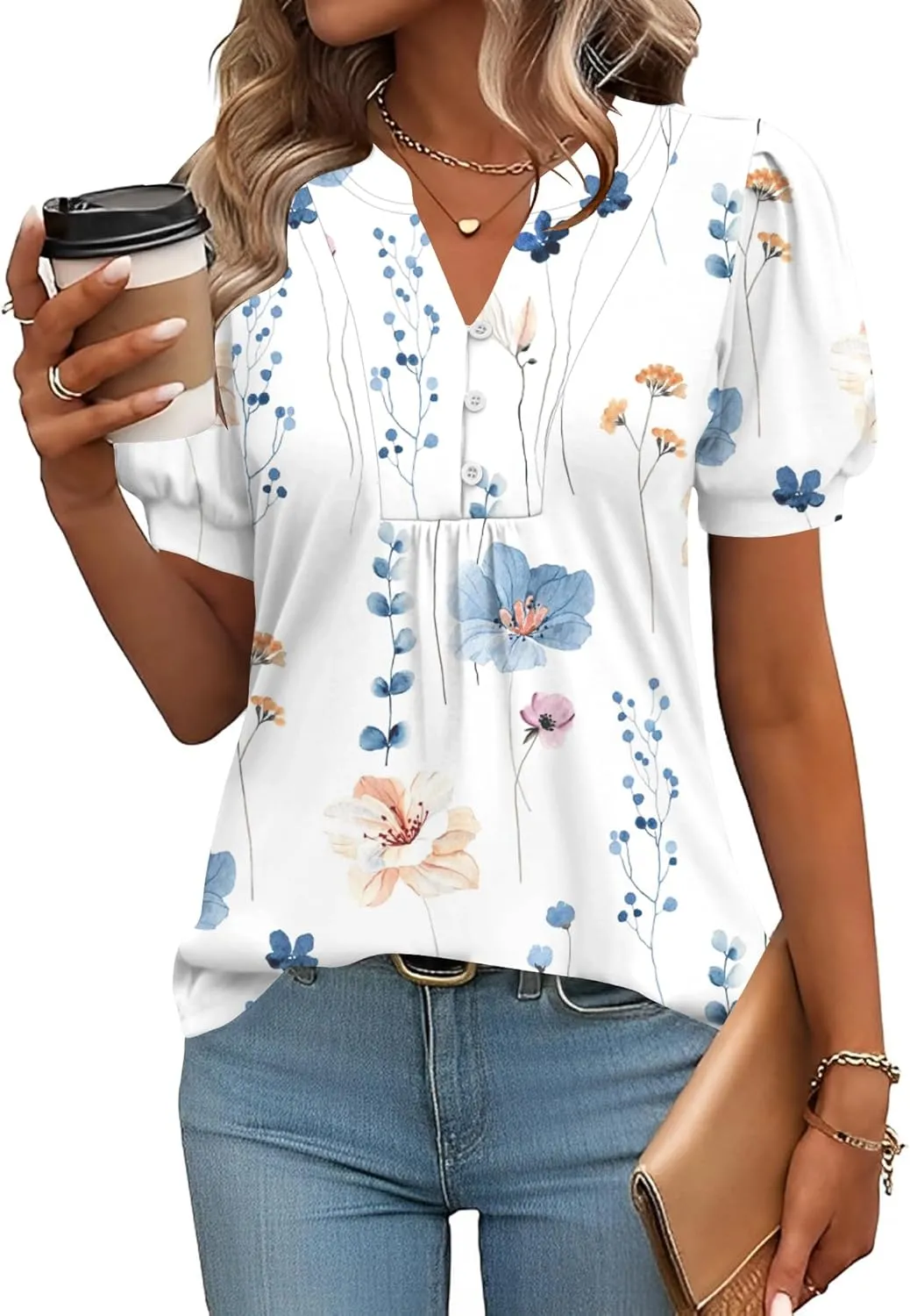 Rapbin Bluse Damen V-Ausschnitt Knopfleiste T-Shirt Tunika Kurzarm Top Sommer Oberteile Elegant Casual
