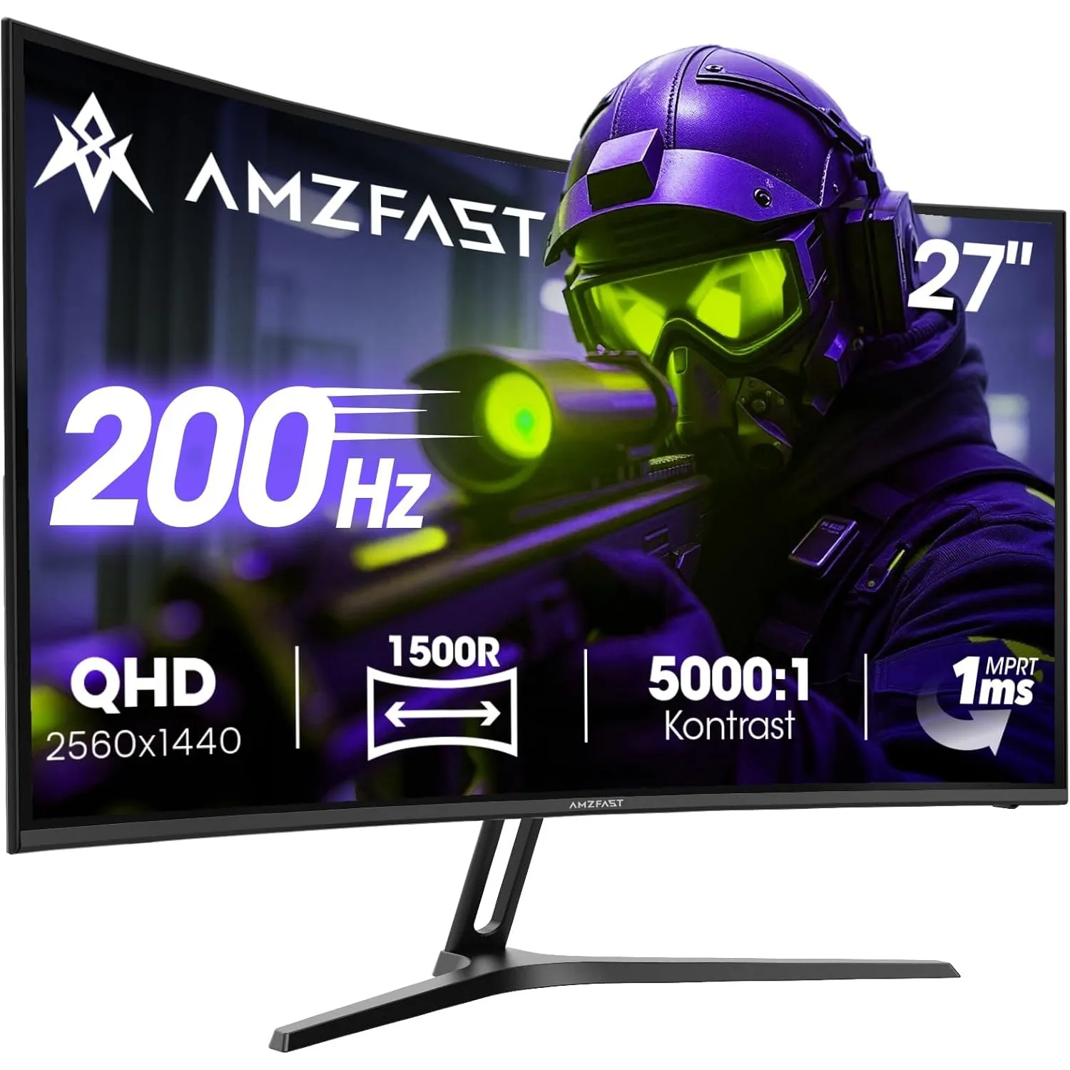 Amzfast Curved Gaming Monitor 27 Zoll, QHD 2560x1440 200Hz,1500R