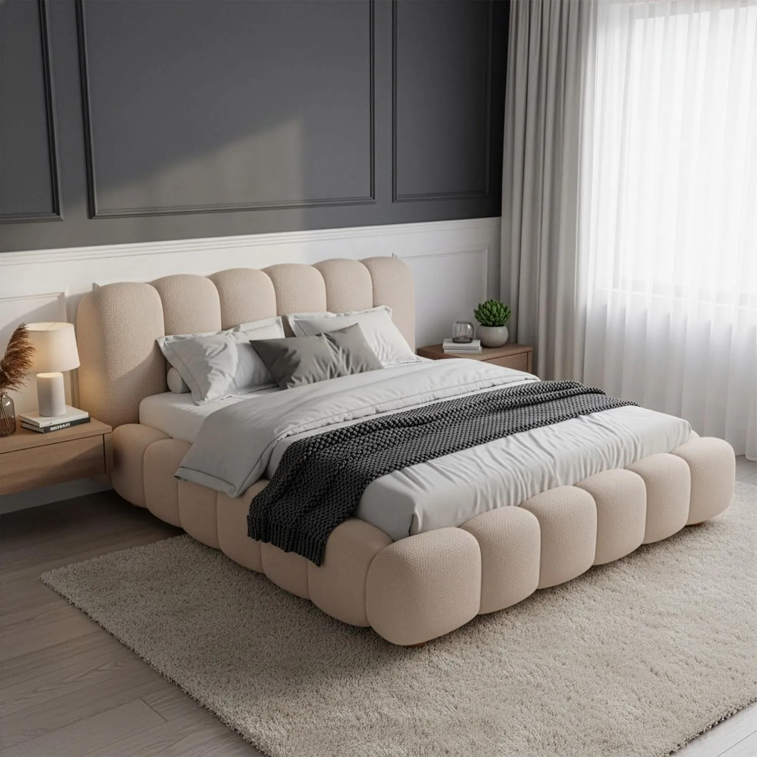 Juskys Polsterbett Catania - Modernes Bubble Design, gepolstertes Kopfteil, stabile Kontruktion- 180 x 200 cm - Beige