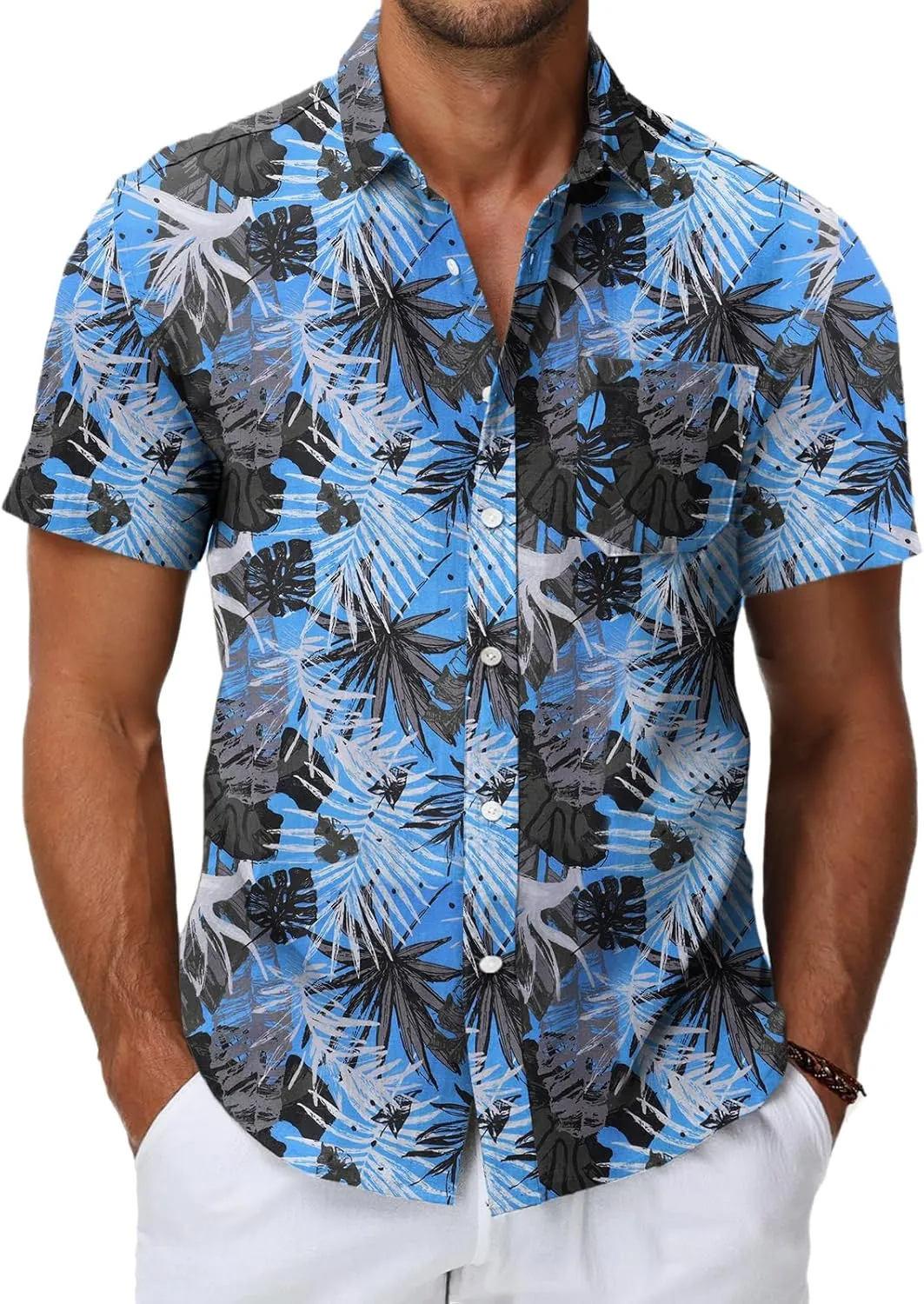 HMIYA Men's Hawaiian Shirt Men 100% Cotton Unisex Short Sleeve Front Pocket Button Down Summer Leisure Holiday Beach