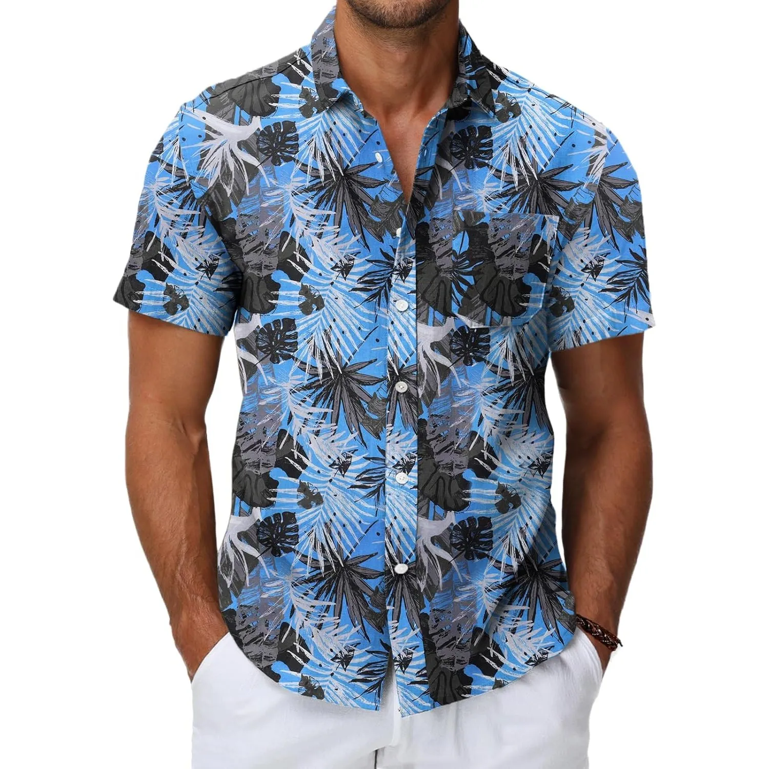 HMIYA Herren Hawaii Hemd Männer 100% Baumwolle Unisex Kurzarm Vordertasche Button Down Sommer Freizeit Urlaub Strand