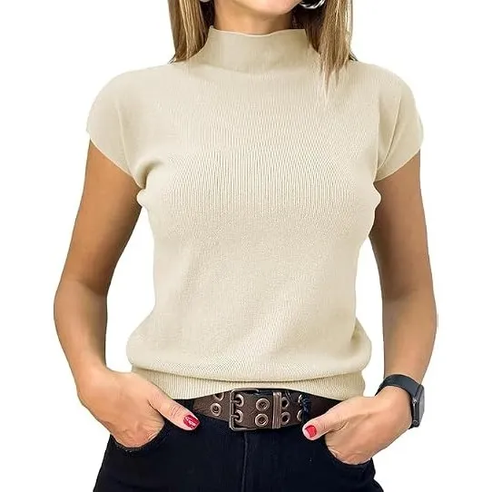 Saodimallsu Damen Pullover Kurzarm Sommer Strickpullover mit Stehkragen Einfarbig Slim Fit T-Shirt Oberteile Leicht Bas…