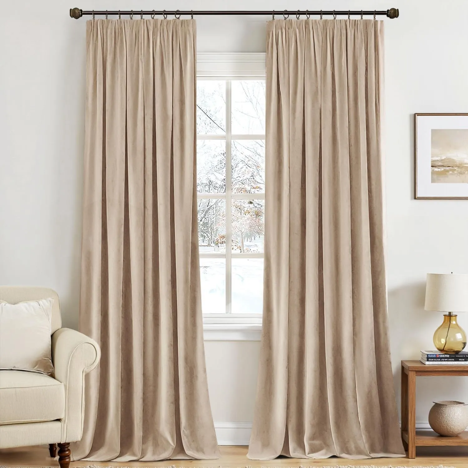 MIULEE Samtvorhang Kräuselband Blickdicht 2er Set Dunkelbeige 140x260cm