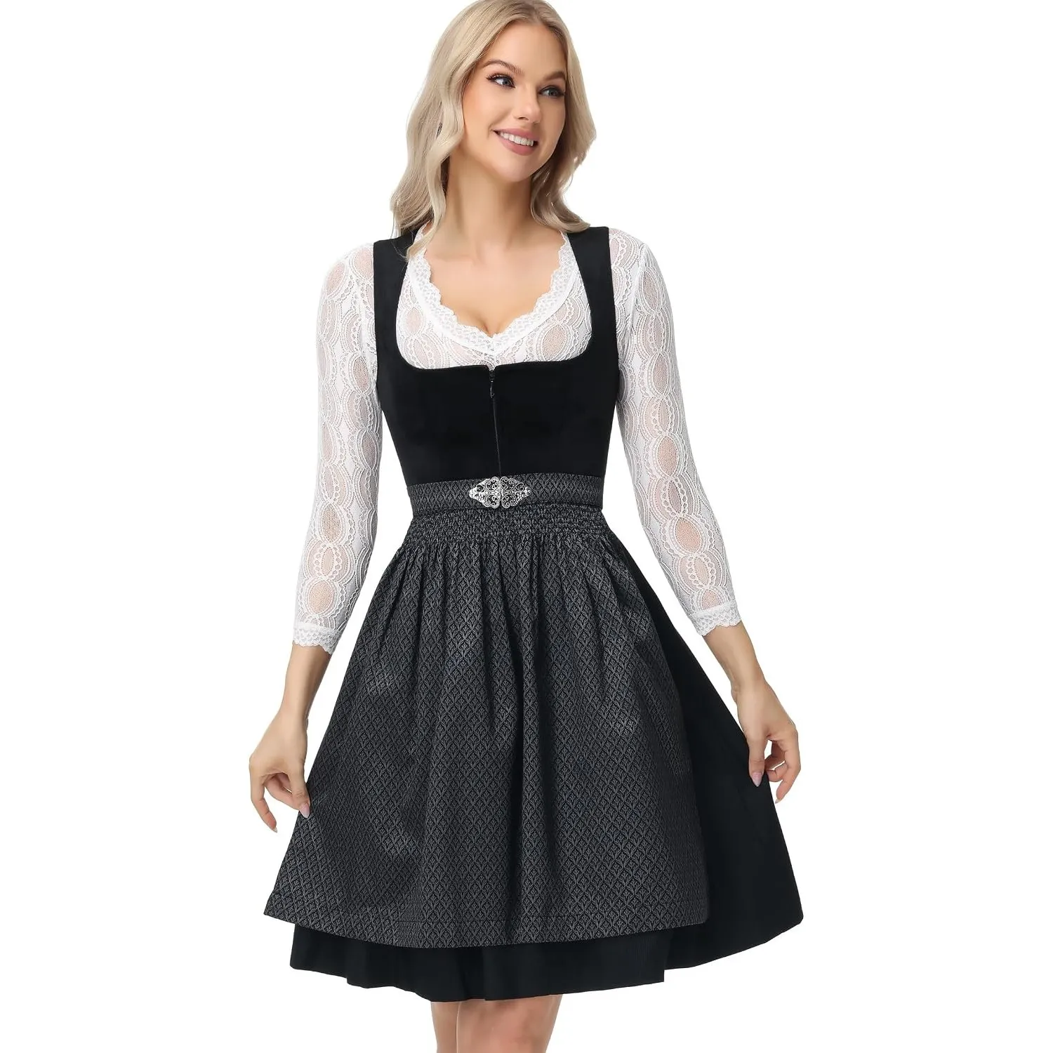 TrendiMax Damen Midi Dirndl - Elegant Samt Dirndlkleid Trachtenkleid für Oktoberfest mit Blumenmuster Schürze 34-46