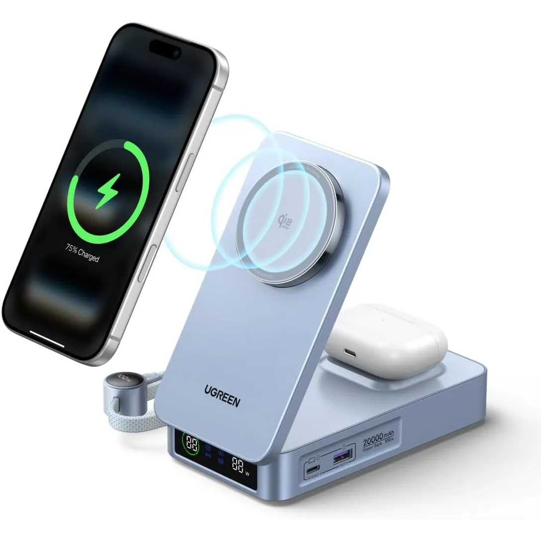 UGREEN MagFlow 20000mAh Qi2 25W Powerbank Magsafe mit USB-C 100W, AirPods