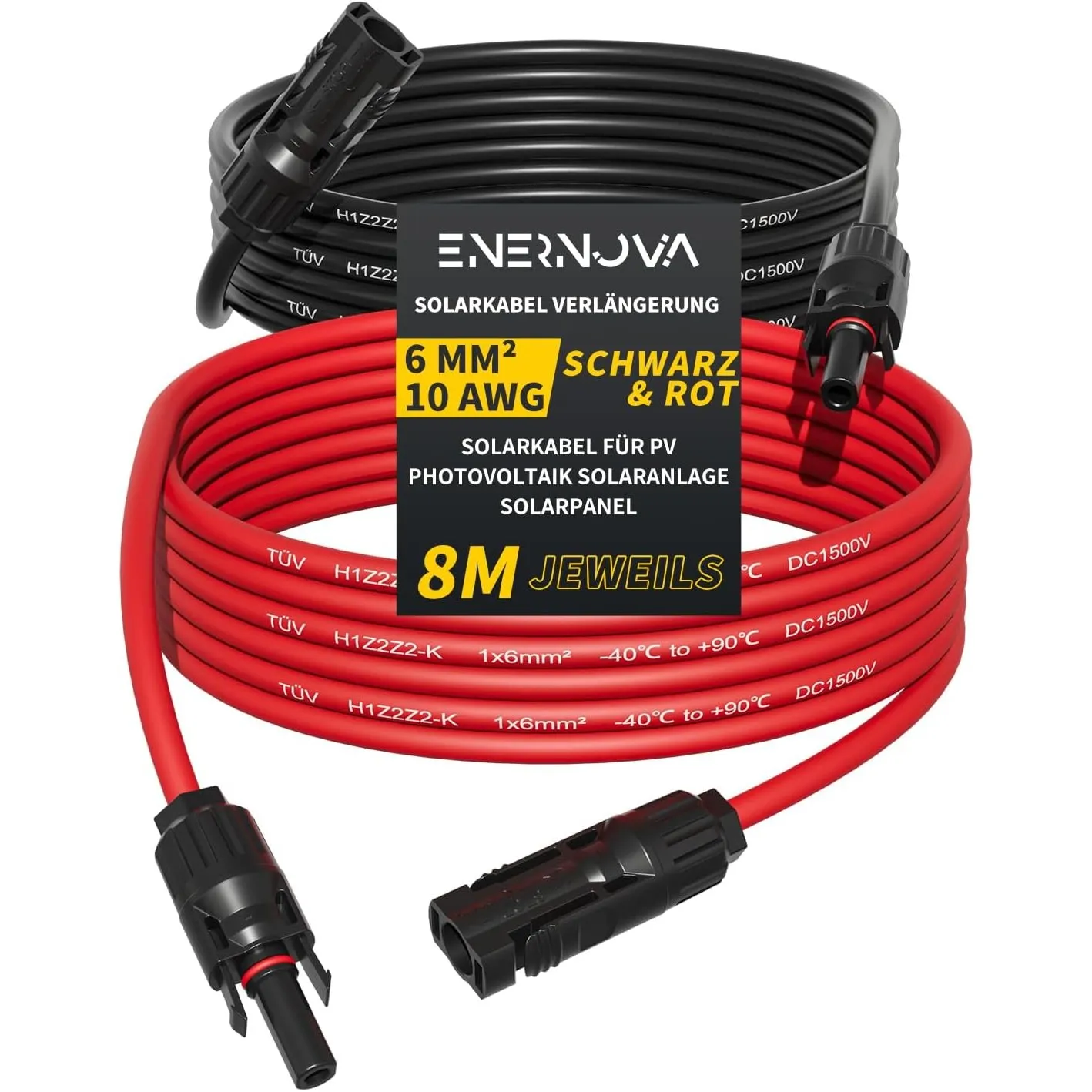 ENERNOVA Solarkabel 4mm²/6mm², Verlängerung 1-50M IP67 für PV Solaranlage | TÜV Zertifiziert H1Z2Z2-K EN50618, PPO UV-B…