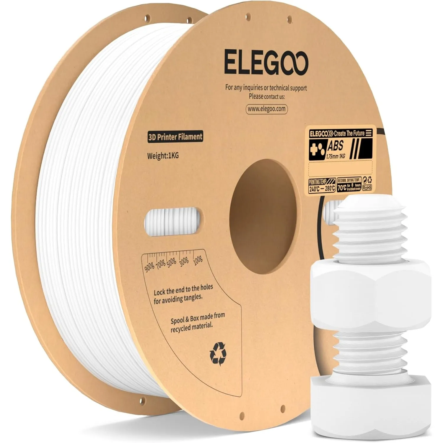 ELEGOO ABS Filament 1,75 mm Weiß 1KG, 3D-Drucker Filament, Hohe Zähigkeit und Schlagfestigkeit, Hitze- und Wasserbestän…