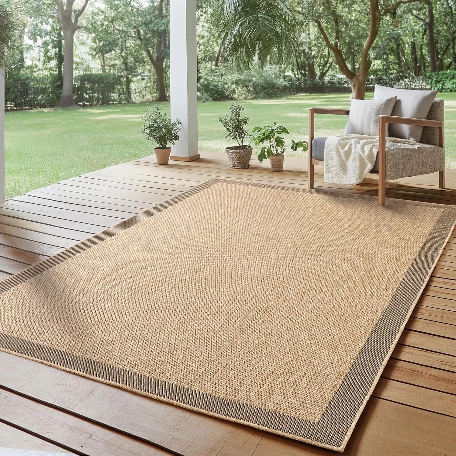 SIMPEX Outdoor Teppich 120x170 cm Wetterfest Pflegeleicht Jute Natur Optik Bordüre Design für Wohnzimmer Esszimmer Schl…