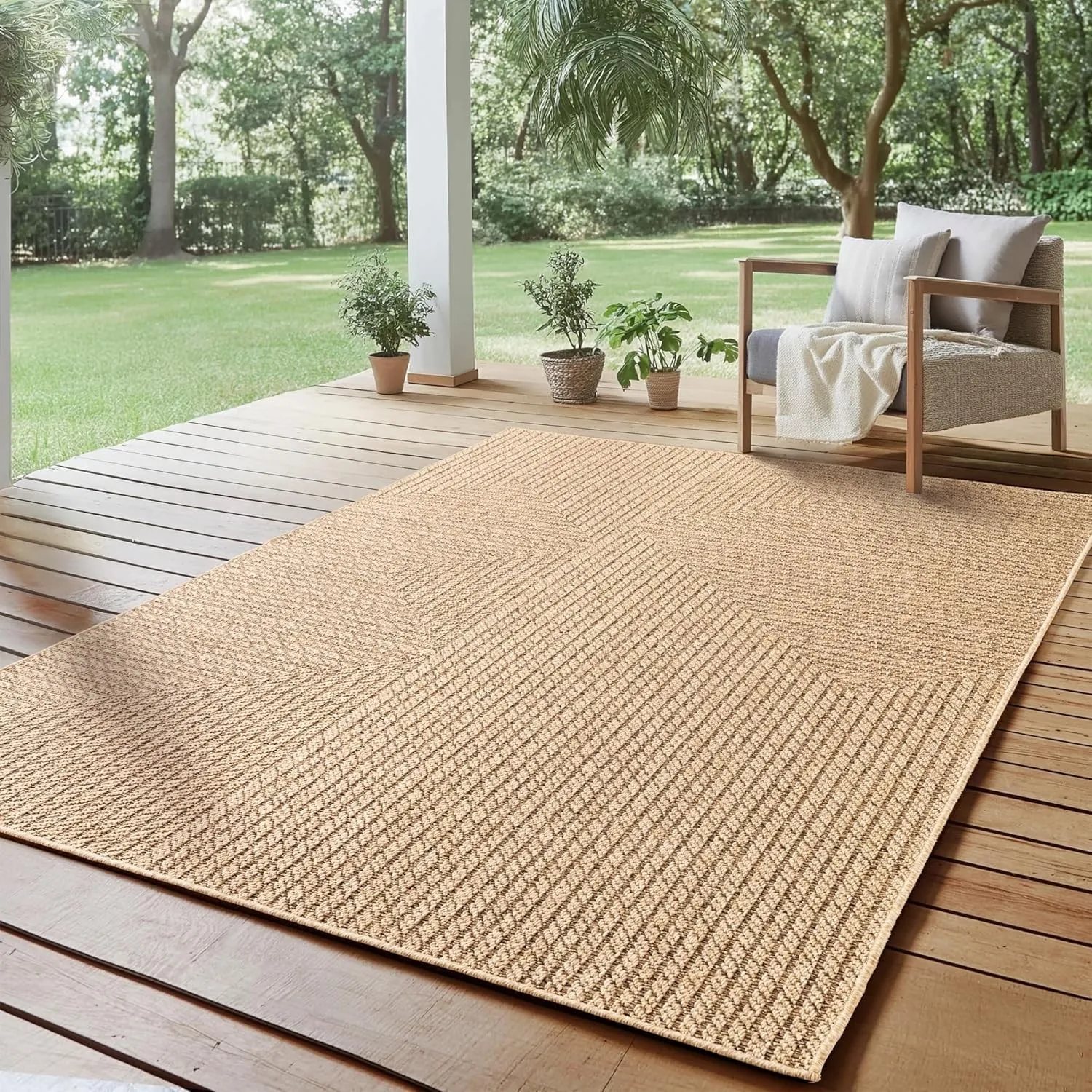 SIMPEX Outdoor Teppich 240x340 cm XL Wetterfest Pflegeleicht Jute Natur Optik Skandinavisches Design für Wohnzimmer Ess…