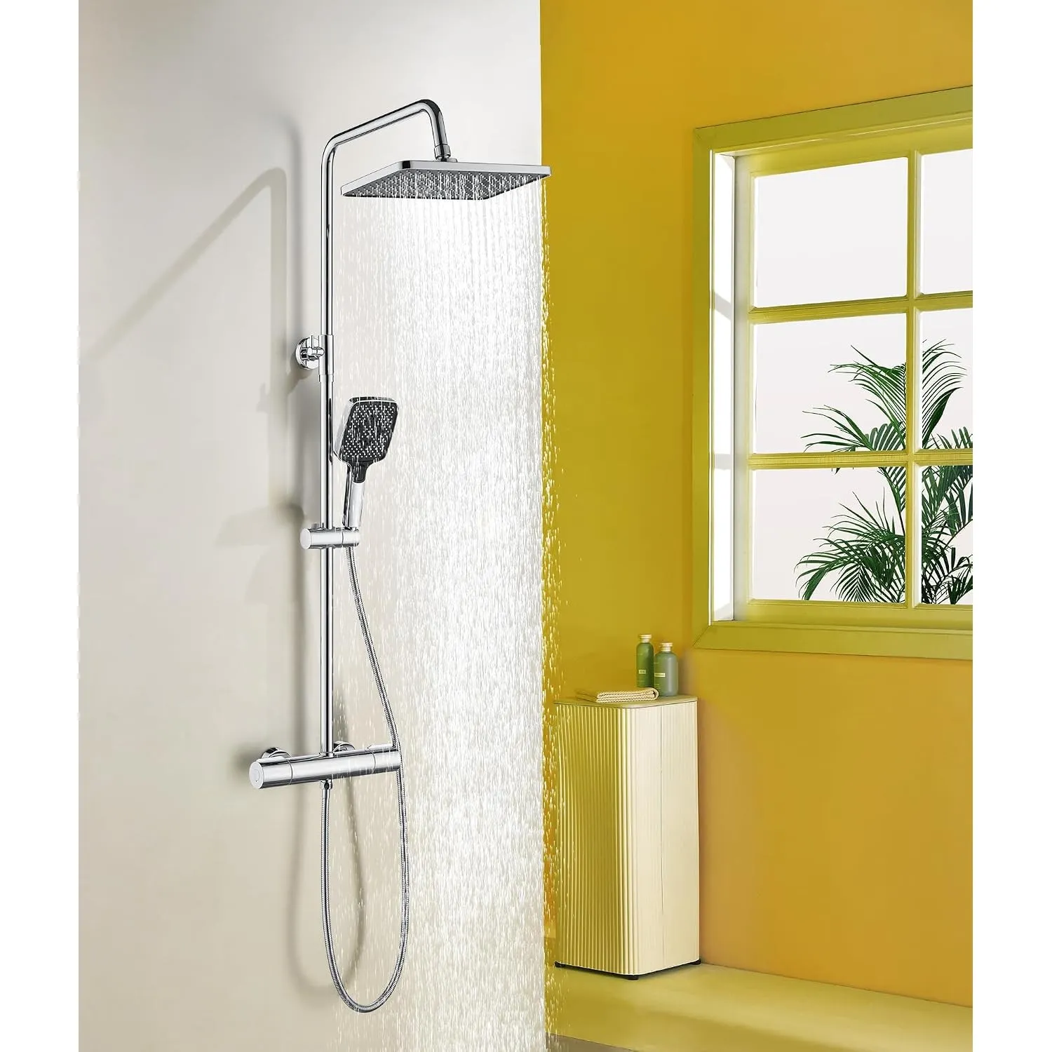 Duschsystem mit Thermostat,Duscharmatur Komplettset mit 3 Strahlarten Handbrause, Duschset Quadratisch Regendusche Dusc…