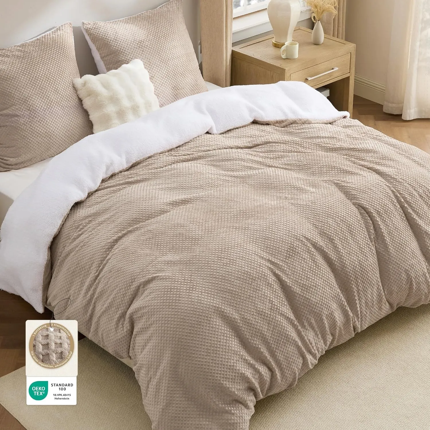 BEDSURE Flanell Bettwäsche 155x220 3tlg. - Khaki Warms Set, 80x80 Kissen