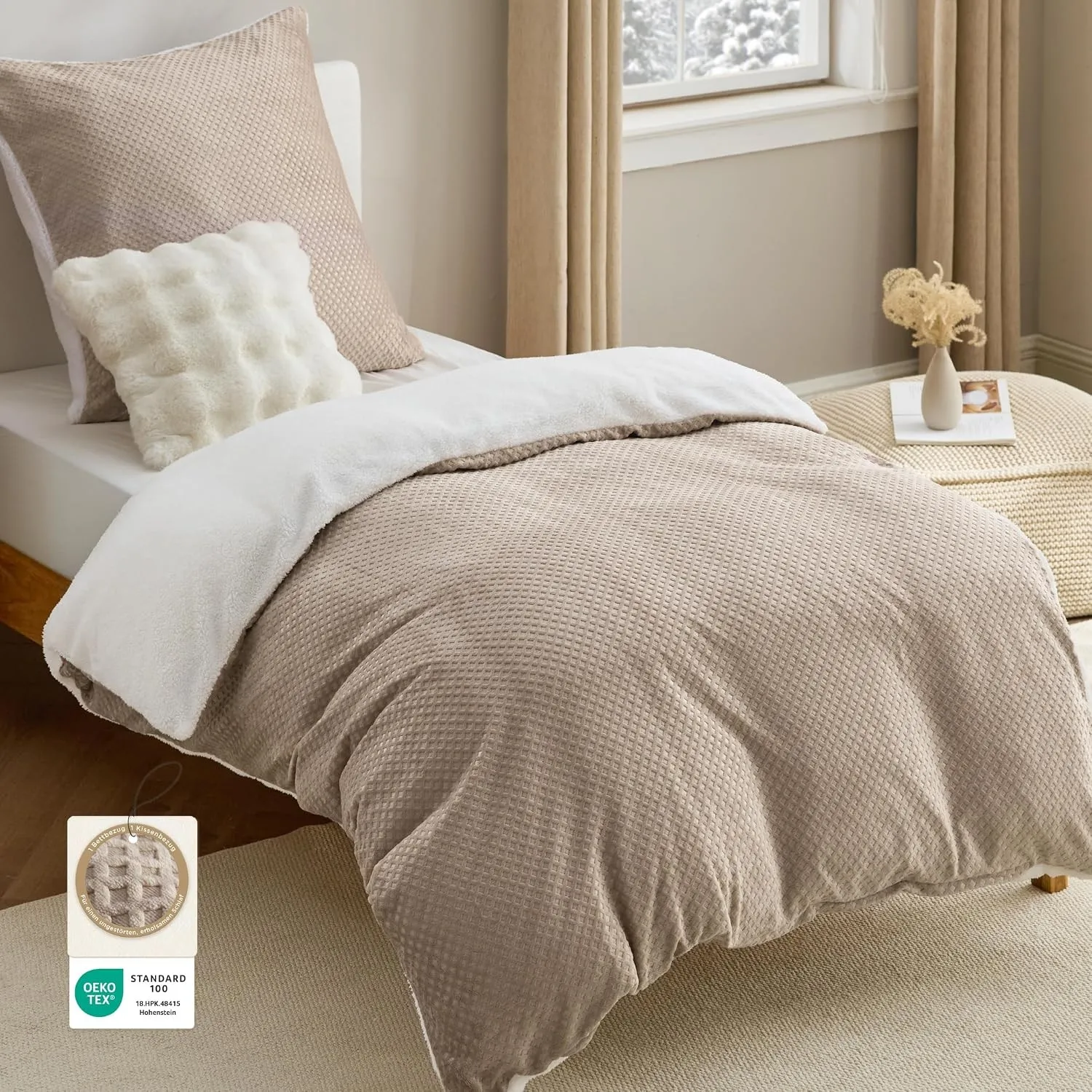 BEDSURE Flanell Bettwäsche 135x200 2tlg. - Khaki Warms Set, 80x80 Kissen