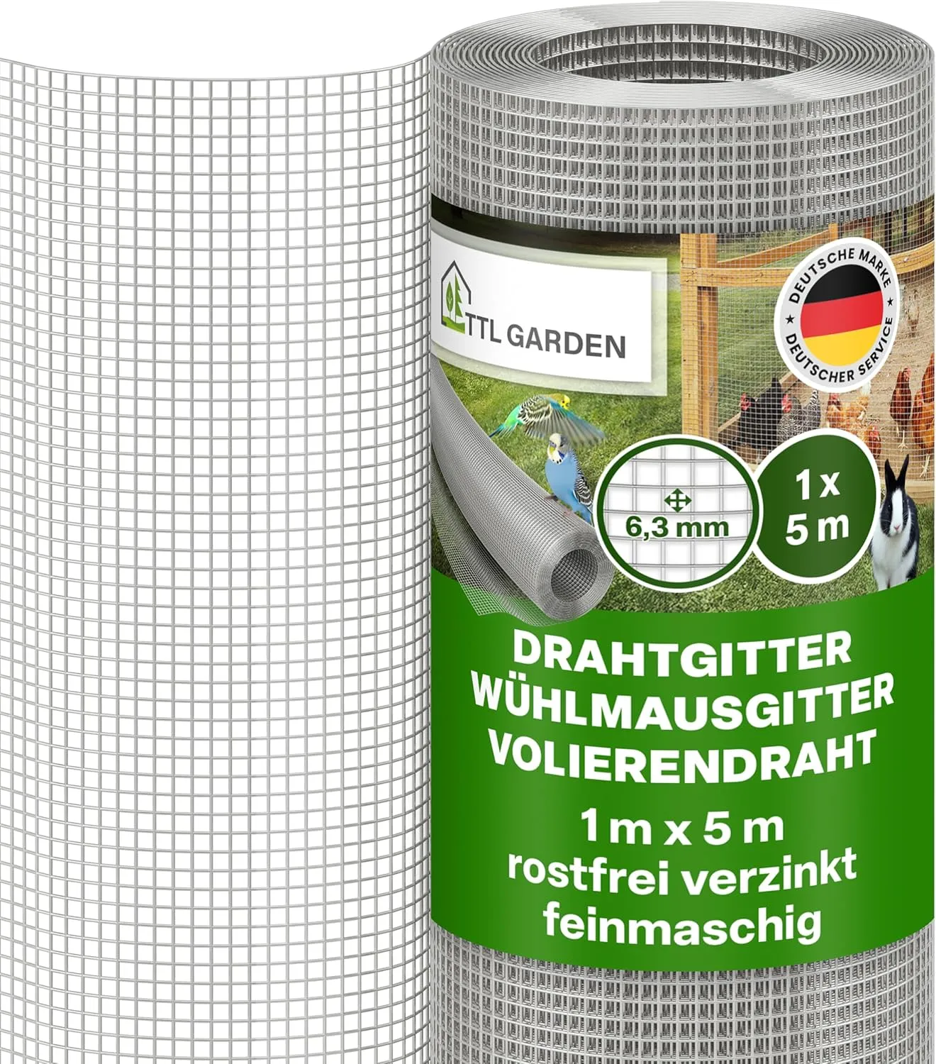 TTL GARDEN 1m x 5m Drahtgitter feinmaschig rostfrei verzinkt 6,3mm Masche 0,55 mm Draht Stärke - auf Rolle Maschendraht…