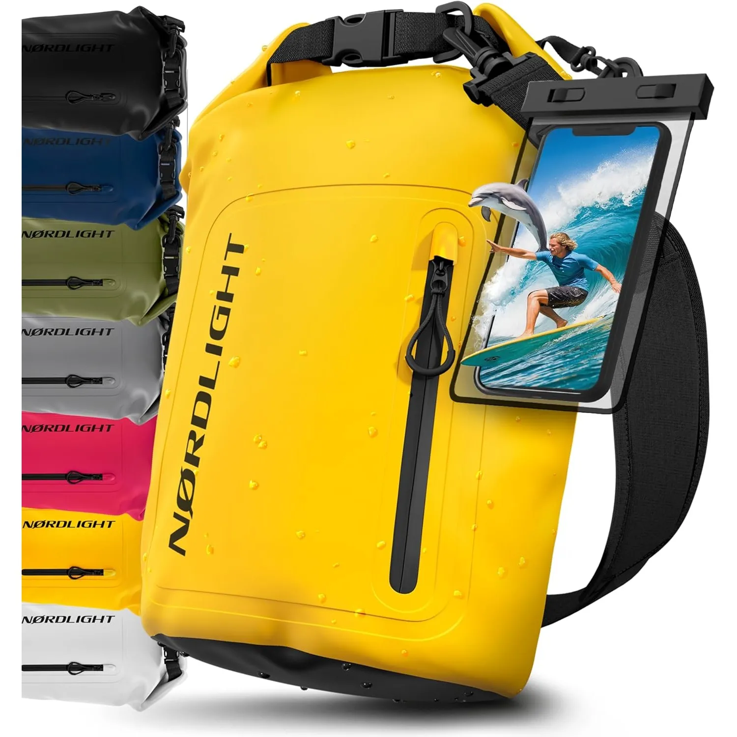 Nordlight Dry Bag wasserdichte Tasche mit Handyhülle + Roll-Top, Schultergurt | Drybag wasserfester Rucksack Beutel Pac…