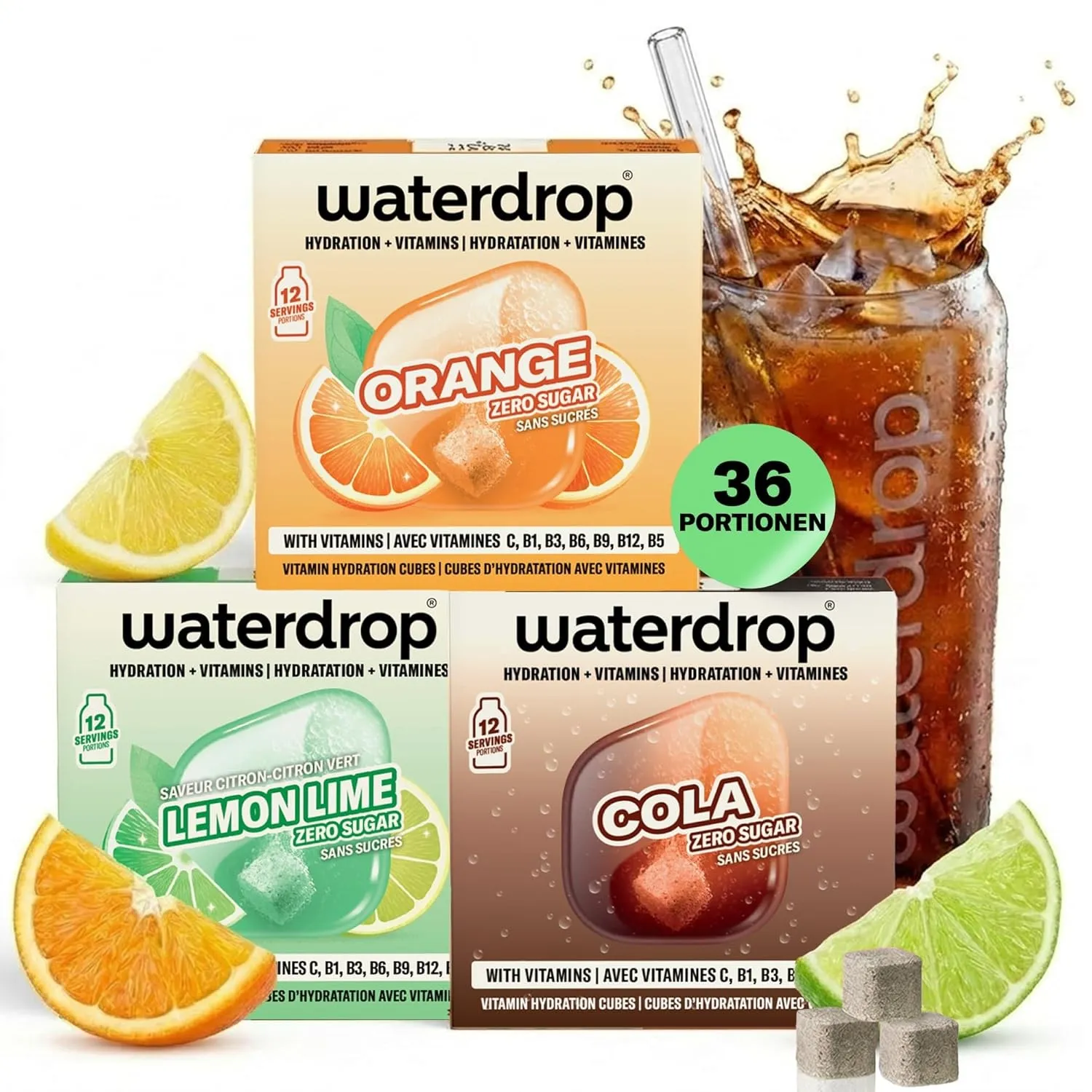 waterdrop® Microdrink Set - Cola, Orange & Lemon Lime – 36 Würfel für Geschmack im Wasser, Zero Zucker Getränke, Geschm…