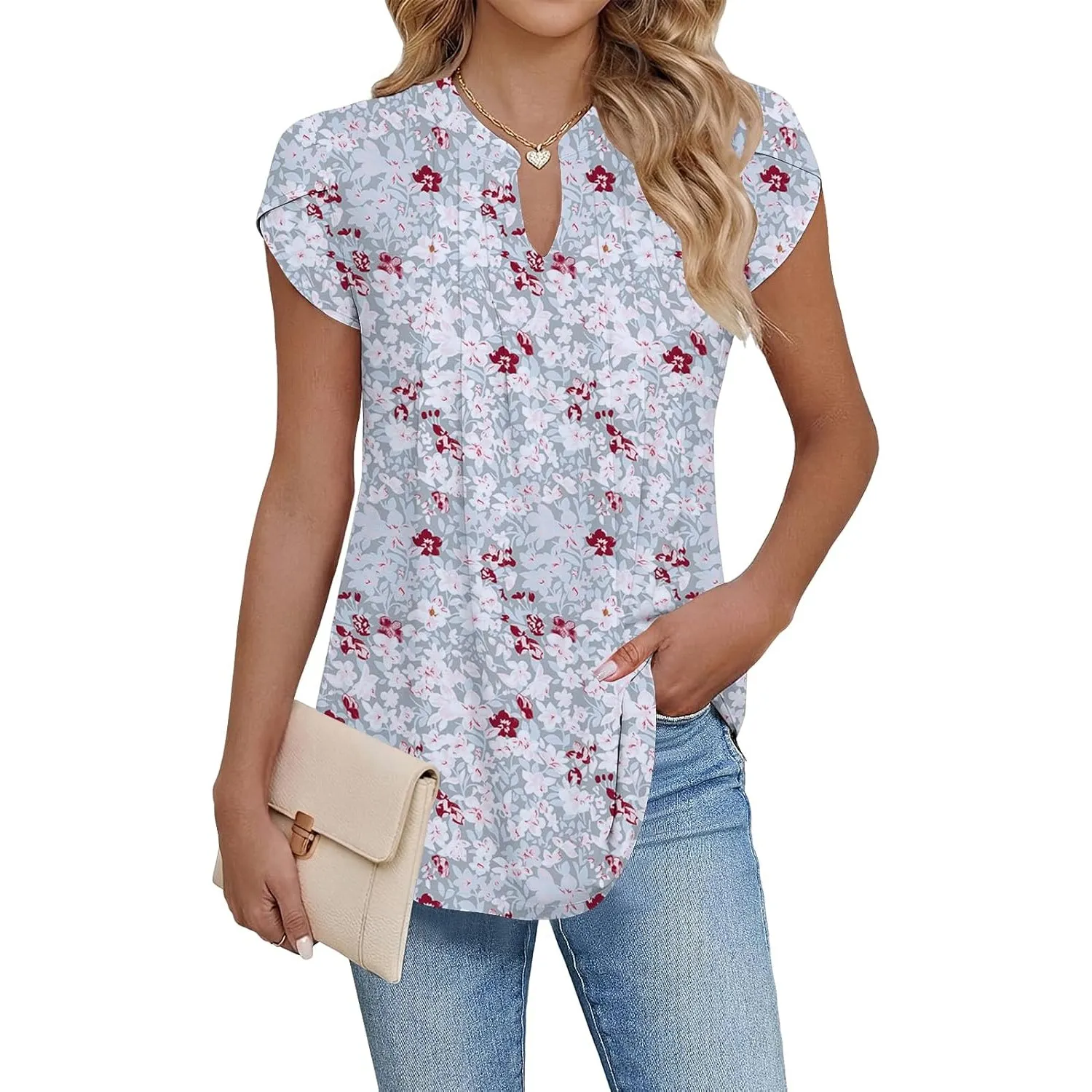 Cuptacc Damen Sommer Tunika V-Ausschnitt Blütenblatt Ärmel Bluse Elegant Lässig Basic Top S–XXL