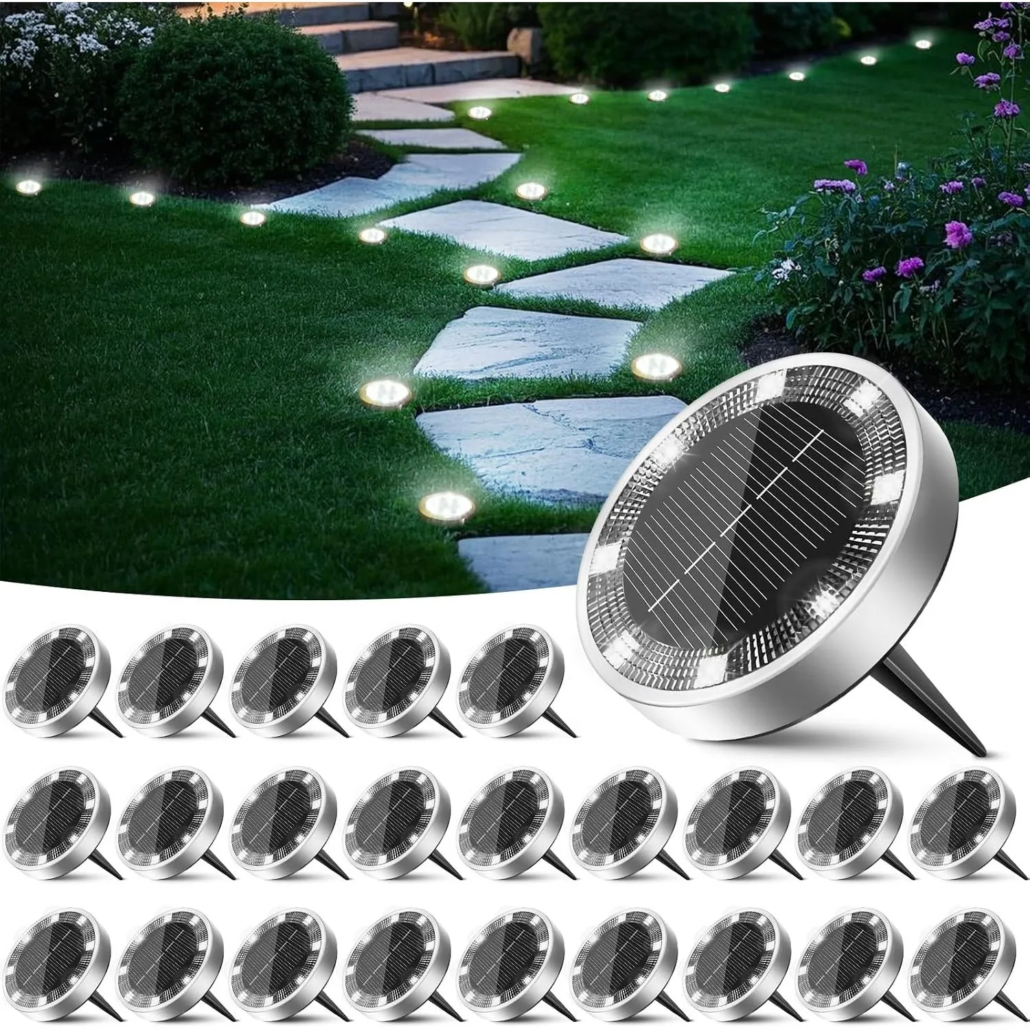 Peasur 24 Stück Solar Bodenleuchten Aussen, 8 LED Solarleuchten Aussenleuchte Gartenleuchten Wetterfest, Solarlampen Au…
