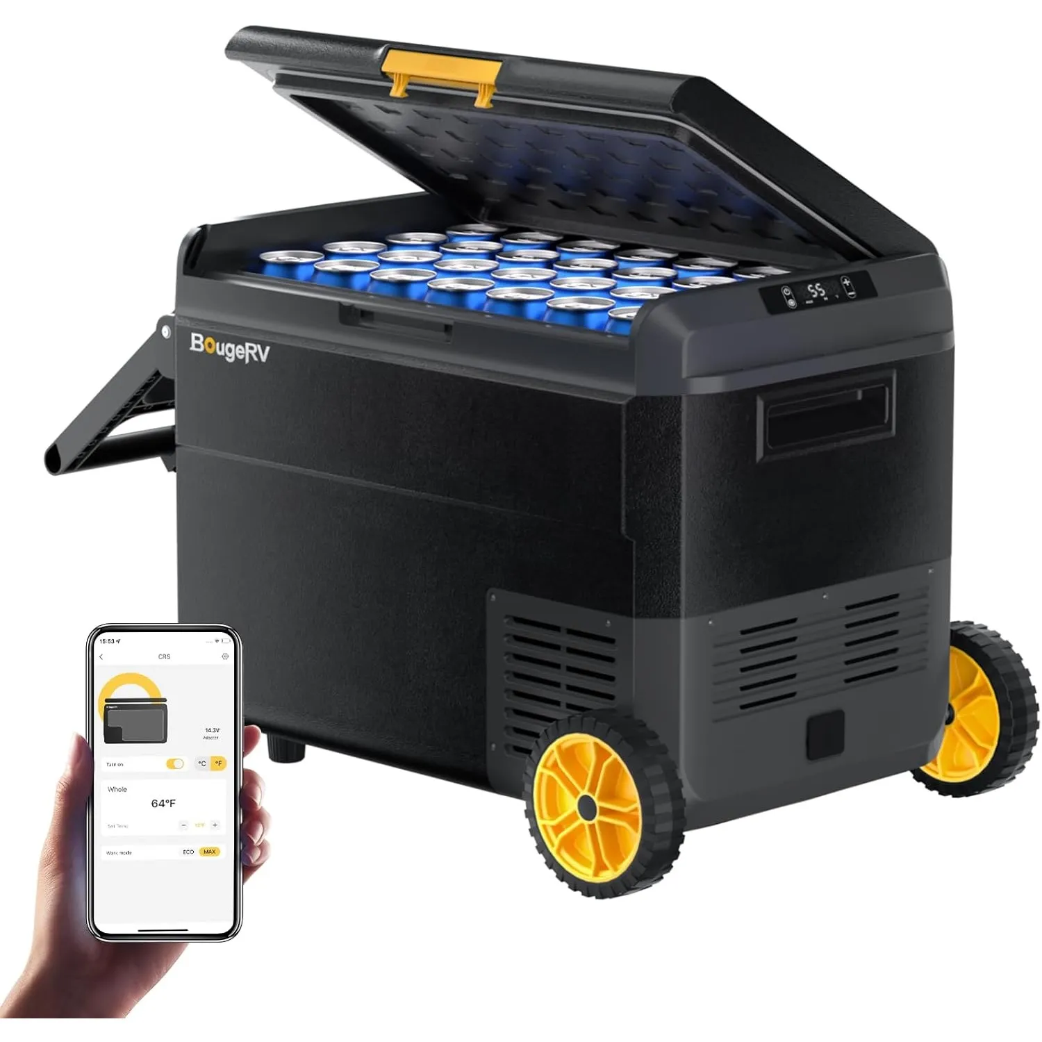 BougeRV CRS 50L Kompressor Kühlbox mit Griff Rollen Auto Kühlbox 12V 230V mit APP Steuerung Integrierter Korb, Gefrierb…
