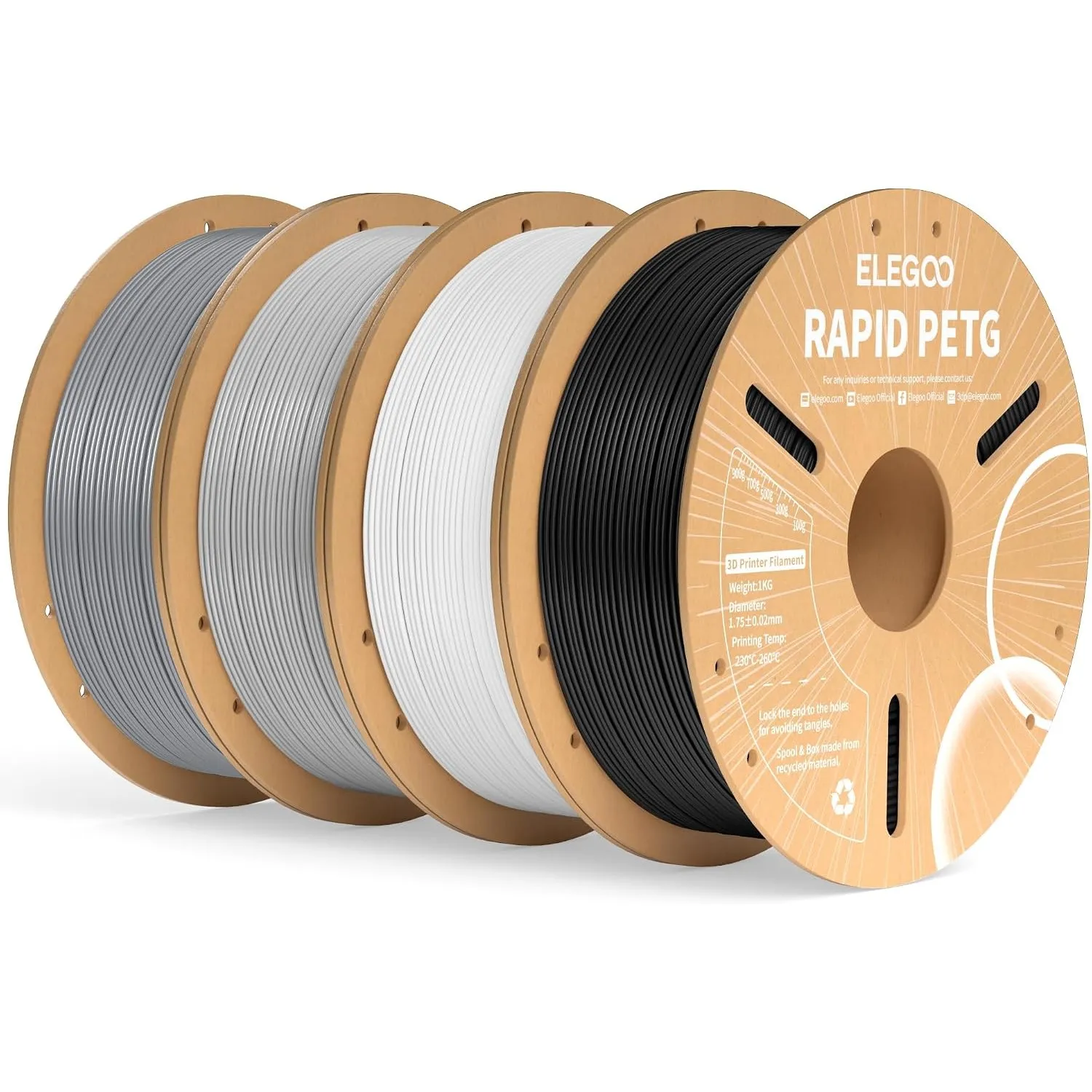 ELEGOO Rapid PETG Filament 1.75mm 4KG Schwarz/Weiß/Grau/Silber