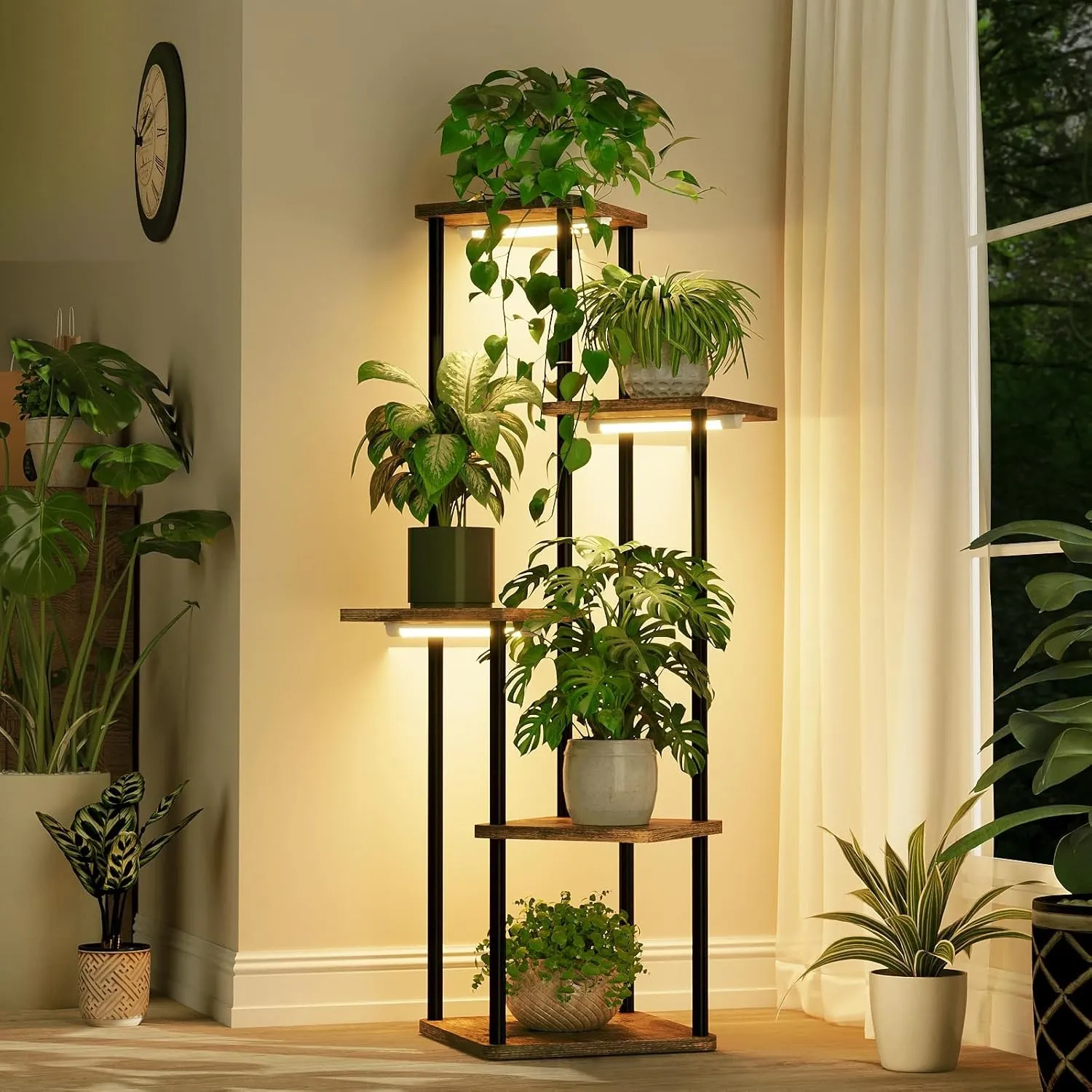 Bamworld Blumenständer mit Pflanzenlampe, 5 Ebenen Pflanzenregal Metall Holz, LED Pflanzenlicht Indoor, Pflanzentreppe …