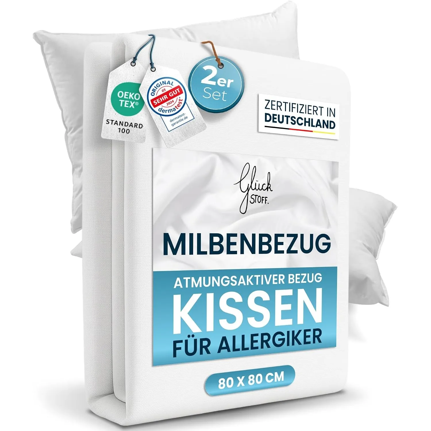 Glückstoff® 2er-Set Milbenbezug Kissen 80x80 [Zertifiziert IN Deutschland] - Premium Kissenschoner Encasing Milben - Al…