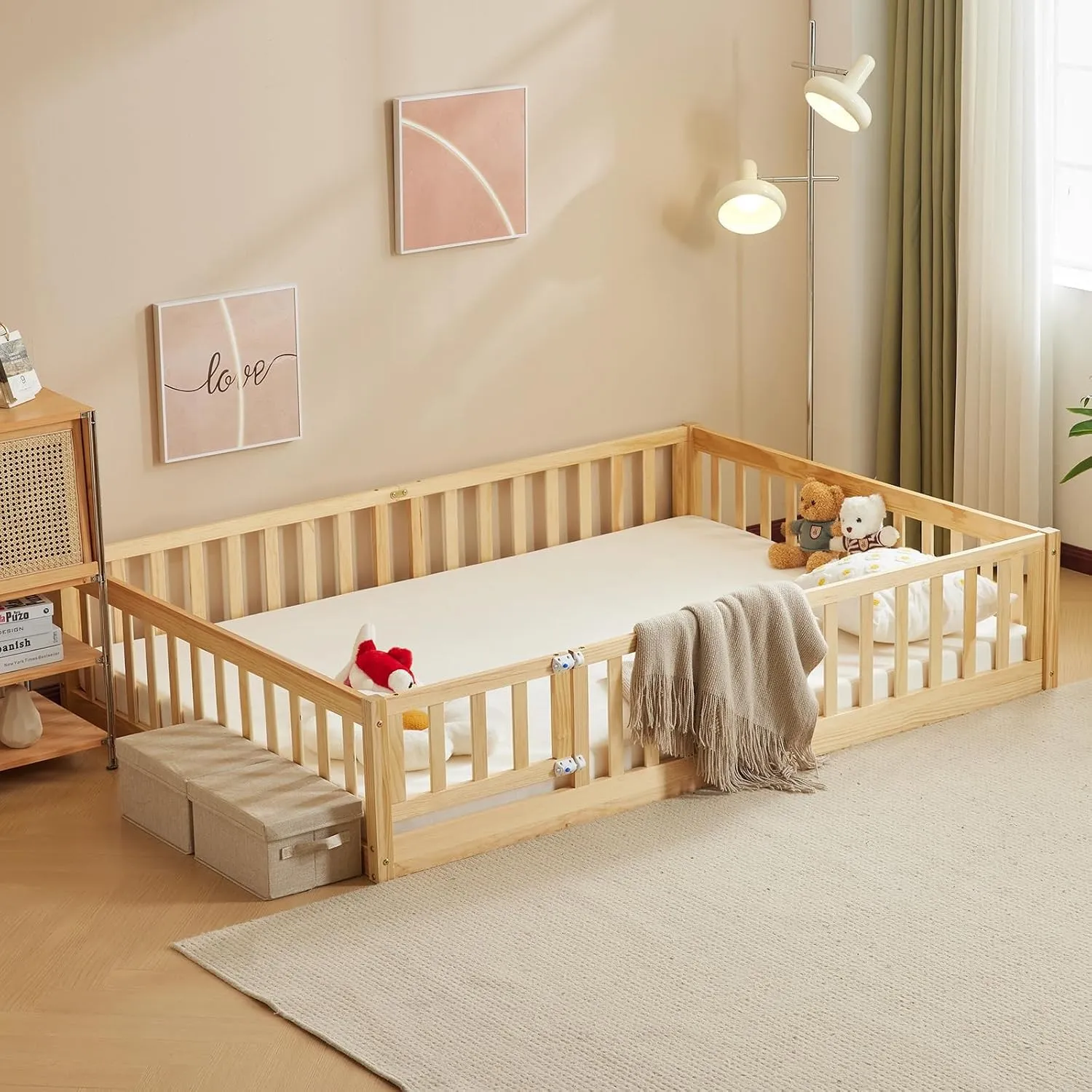 LALAHO 2-in-1 Bodenbett Montessori-Kinderbett mit Türrahmen（Natur）
