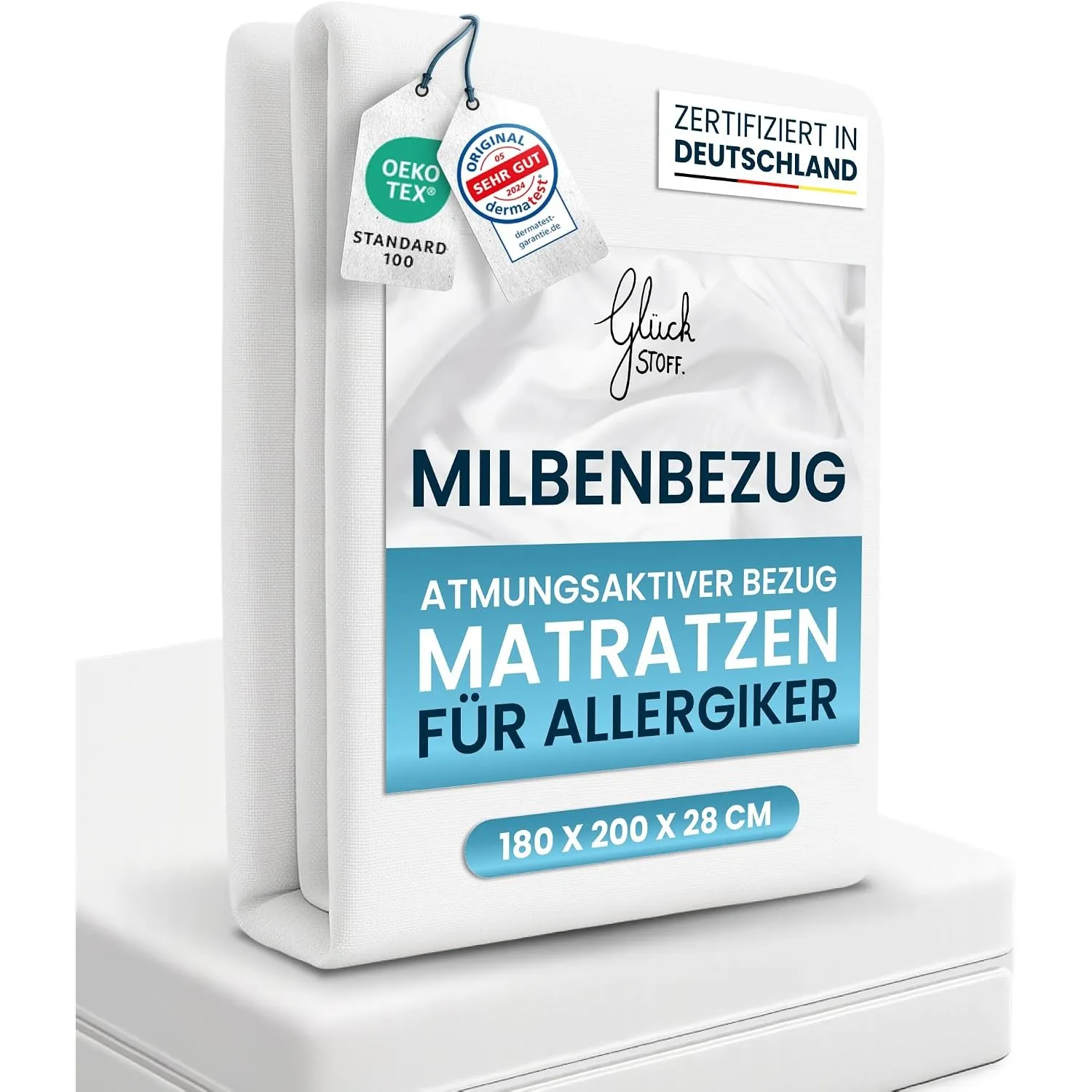 Glückstoff® Premium Milbenbezug Matratze 180x200x28 [ZERTIFIZIERT IN DEUTSCHLAND] Allergiker Bettwäsche Set Anti Milbe …
