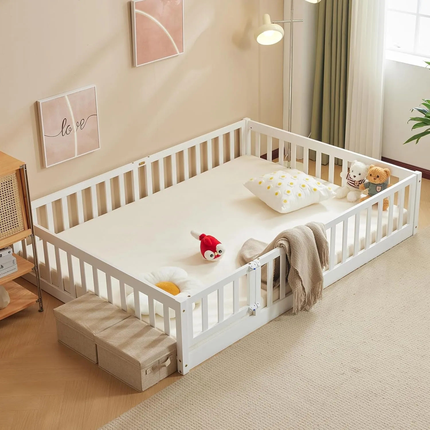 LALAHO 2-in-1 Bodenbett Montessori-Kinderbett mit Türrahmen （weiß）140×200cm