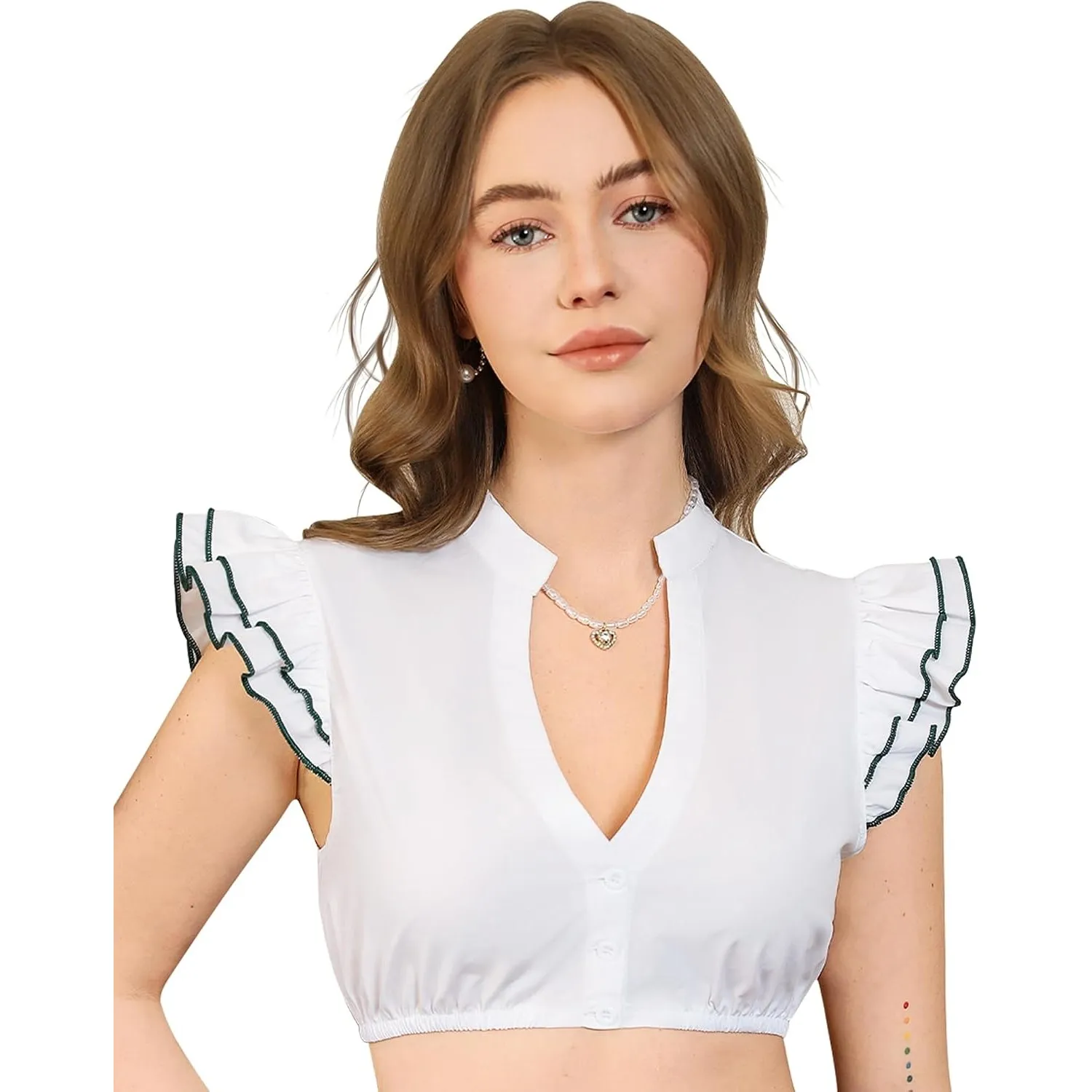 Funspread Dirndl Bluse Damen Weiß - Dirndlbluse Kurzarm DirndlBlusen V Ausschnitt Trachtenbluse