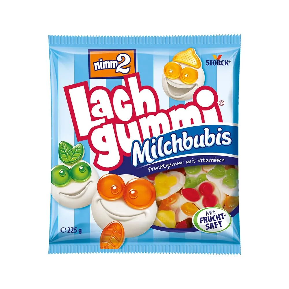 nimm2 Lachgummi Milchbubis – 1 x 225 g – Fruchtgummis mit Fruchtsaft, Vitaminen und Milch – Süßigkeit in vier Geschmack…