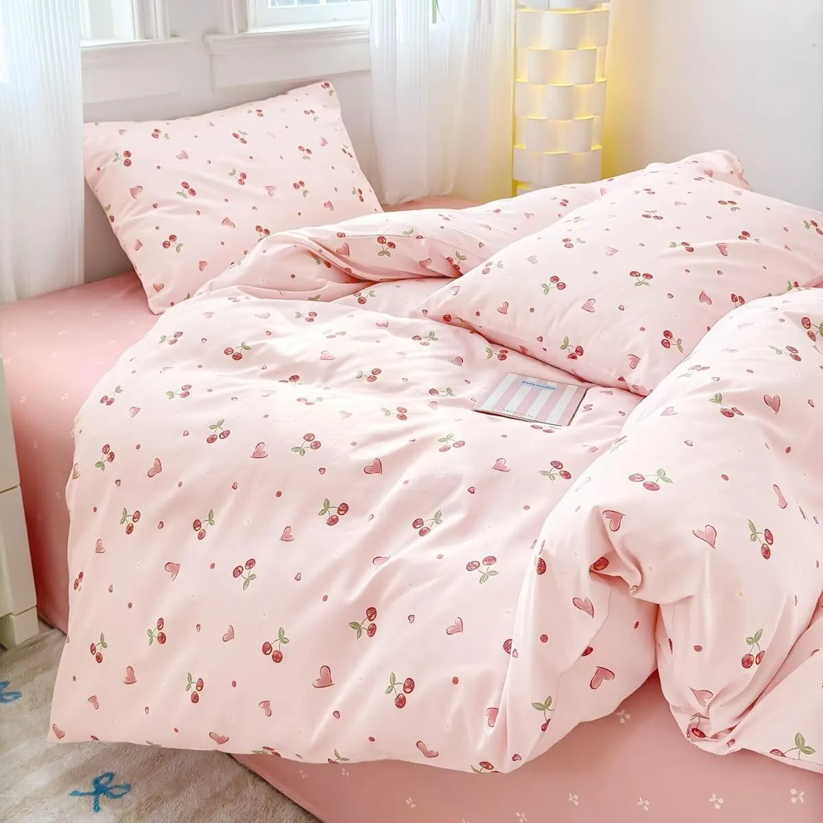 AShanlan Bettwäsche Baumwolle 155x220 Rosa Kirschen Herzen Muster Bettwäsche-Sets mit Reißverschluss ÖkoTex Zertifizier…
