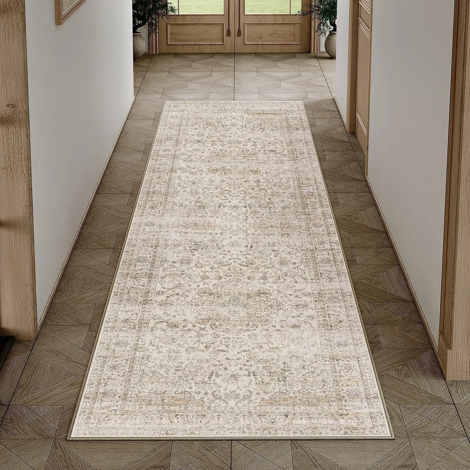 HUGEAR Vintage Teppich Läufer Flur 60x180cm Beige Waschbar | Waschbarer Teppich, Rutschfest Weich, Kurzflor Retro, für …