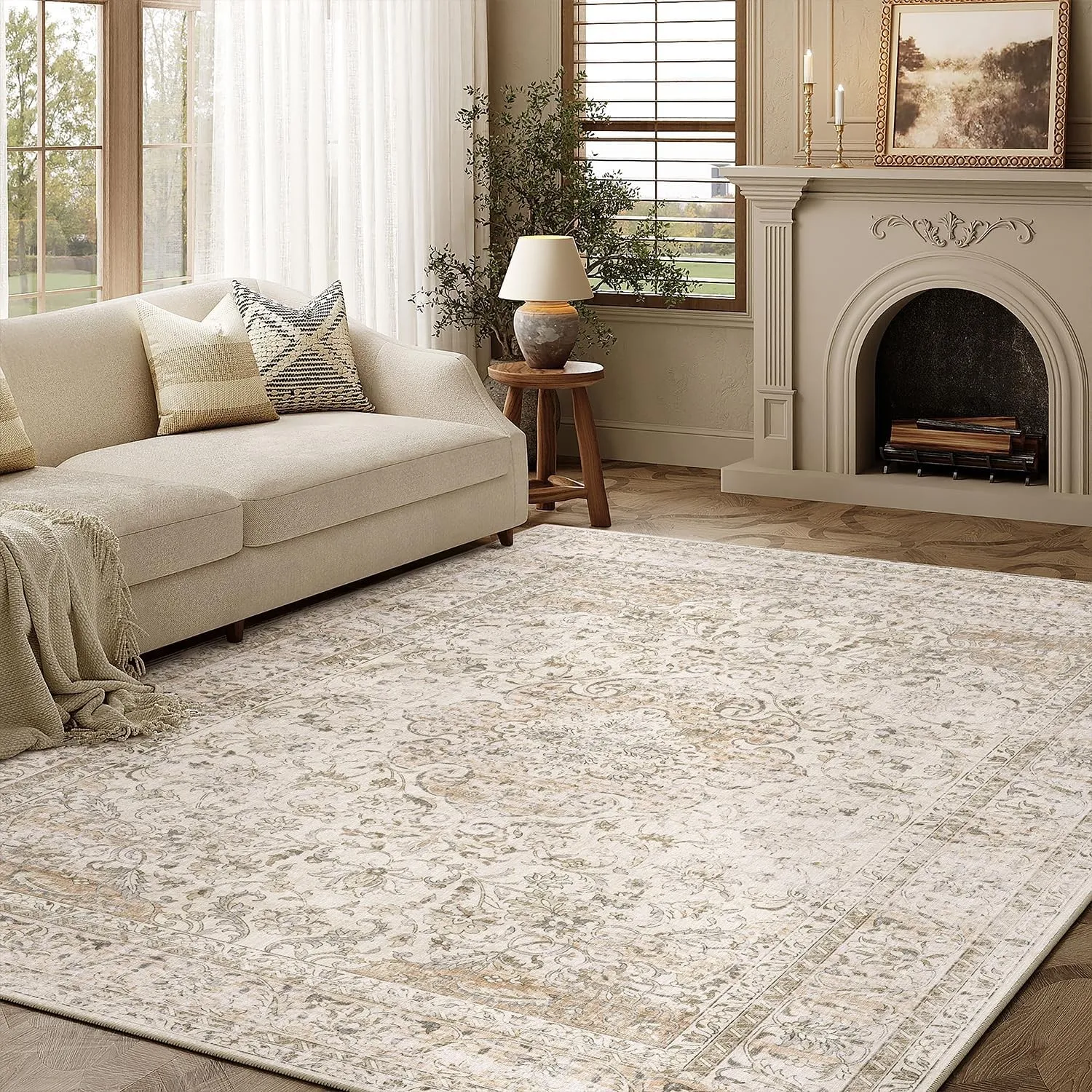 HUGEAR Vintage Teppich Wohnzimmer 160x230cm Beige Waschbar