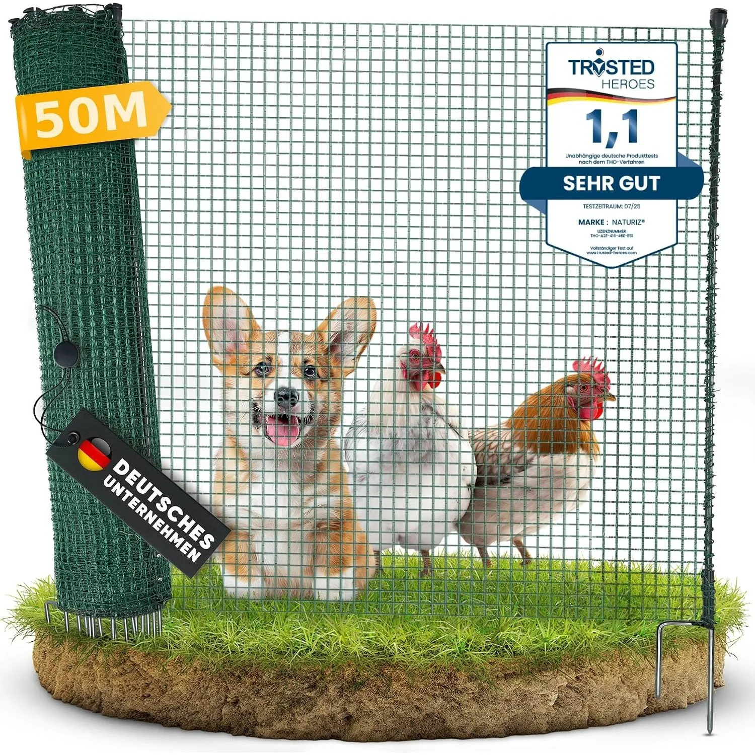 NATURIZ® Weidezaun & mobiler Hundezaun 50m - Camping Zaun für Hunde ohne Strom, Begrenzungszaun, Gartenzaun, Hühnerzaun…