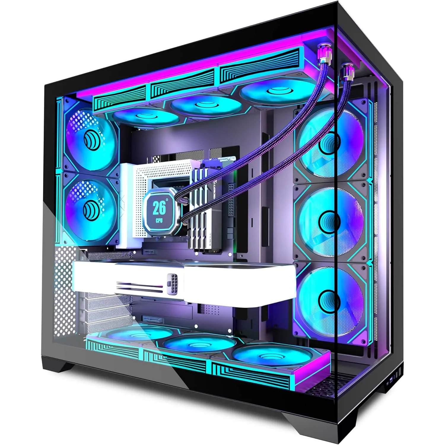 ANSAITE ATX PC-Gehäuse 9×120 mm ARGB PWM-Lüfter vorinstalliert ，Mid-Tower Gaming PC-Gehäuse, Panorama-Gehärtetes Glas S…