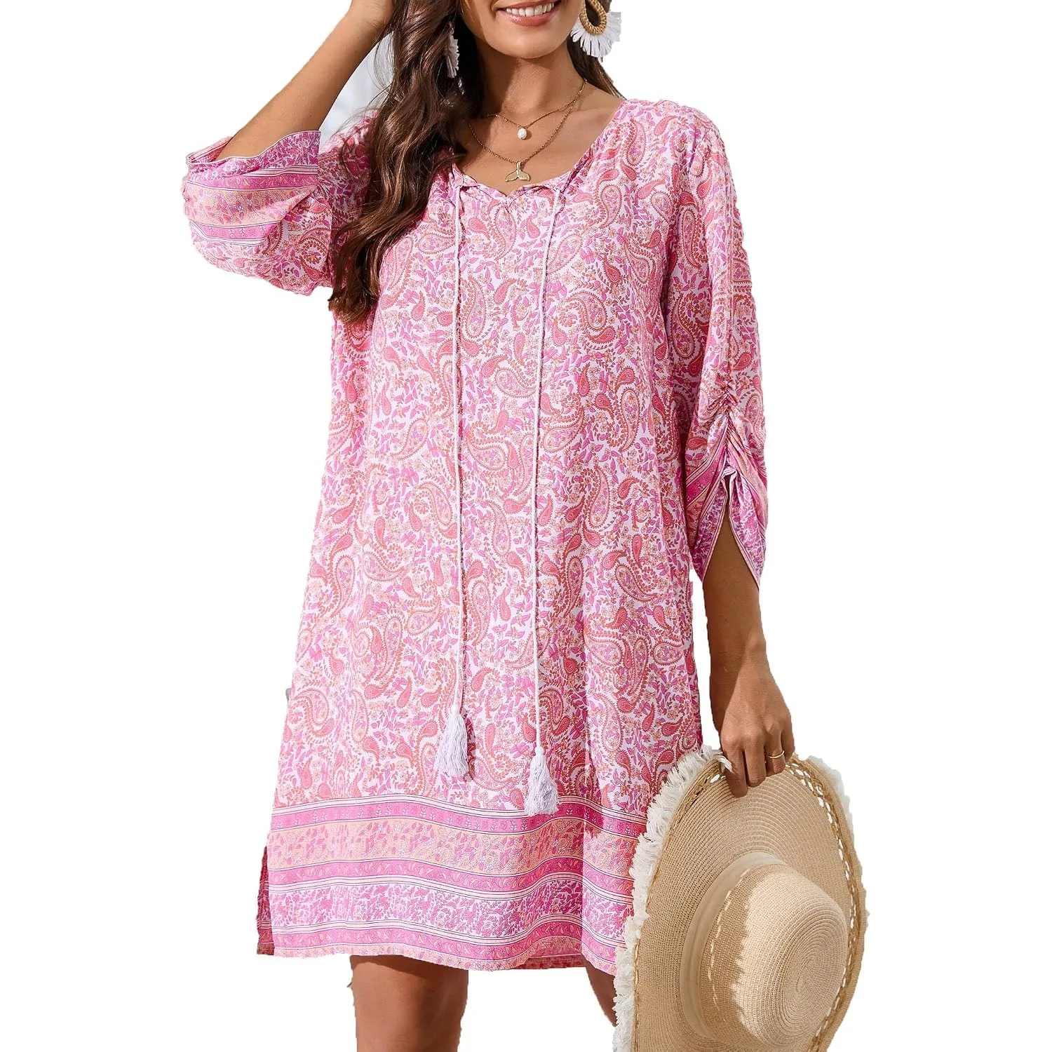ZEAGOO Sommerkleider Damen Strandkleid Bohemian 3/4-Arm Tunika Kleid | Minikleid,Freizeitkleid,Knielang,Luftig,Leichte …