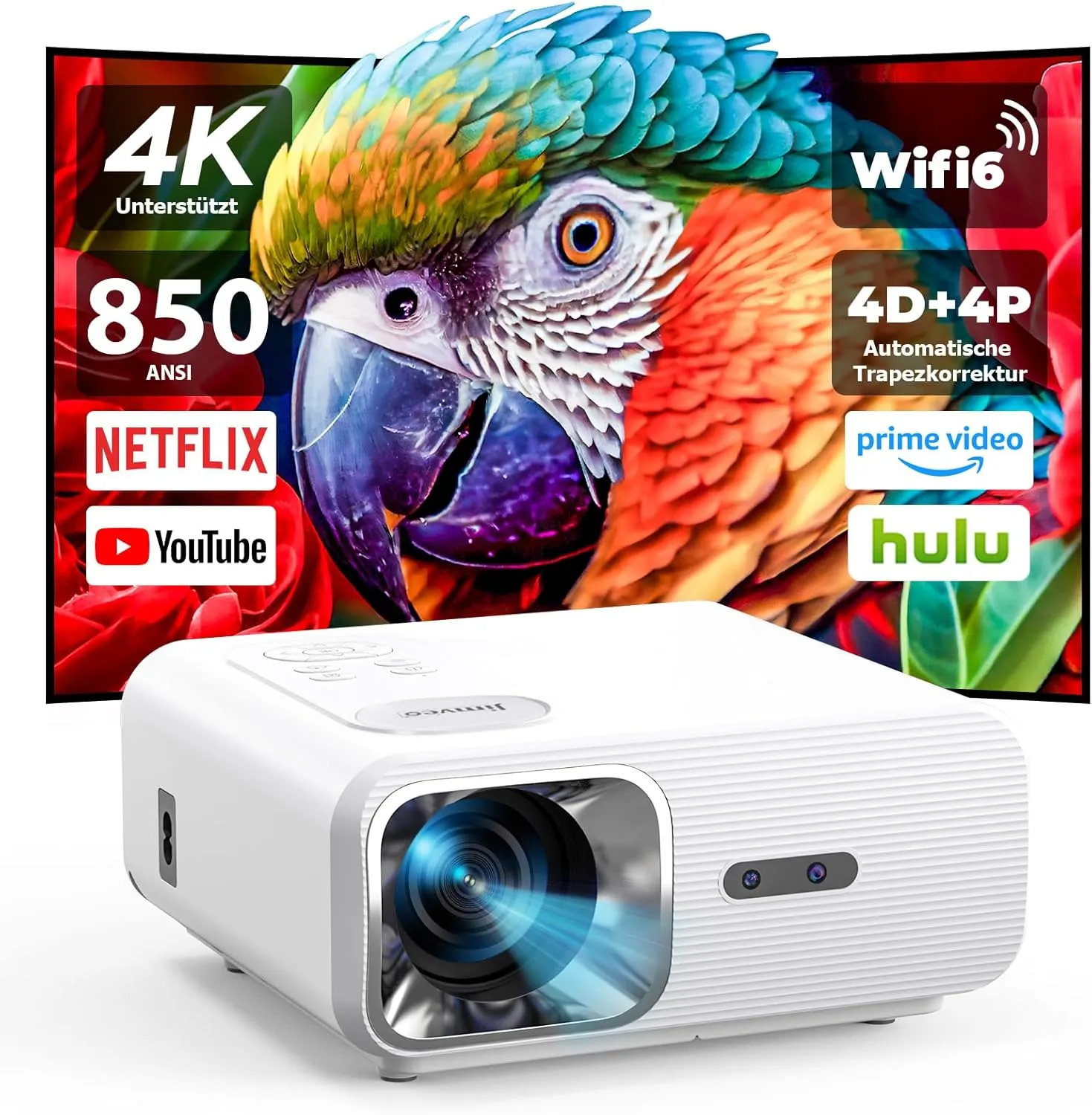 Beamer 4K【Auto Fokus&Auto 4P/4D Keystone】30000L 1080P Full HD WiFi6 Bluetooth5.2 Projektor, Jimveo Unterstützt 4K Beamer Heimkino mit 50% Zoom 400''Display LED Beamer Klein, kompatibel mit TV Stick,PC