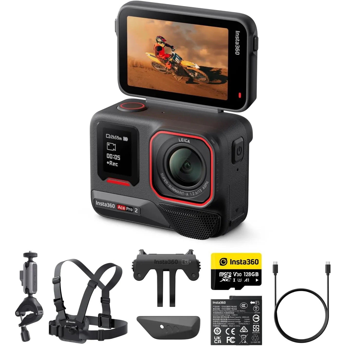 Insta360 Ace Pro 2 Einzel-Akku Bike-Bundle: 8K wasserdichte Actioncam (Leica), 1/1,3" Sensor, Dual-KI-Chip, Top-Schwach…