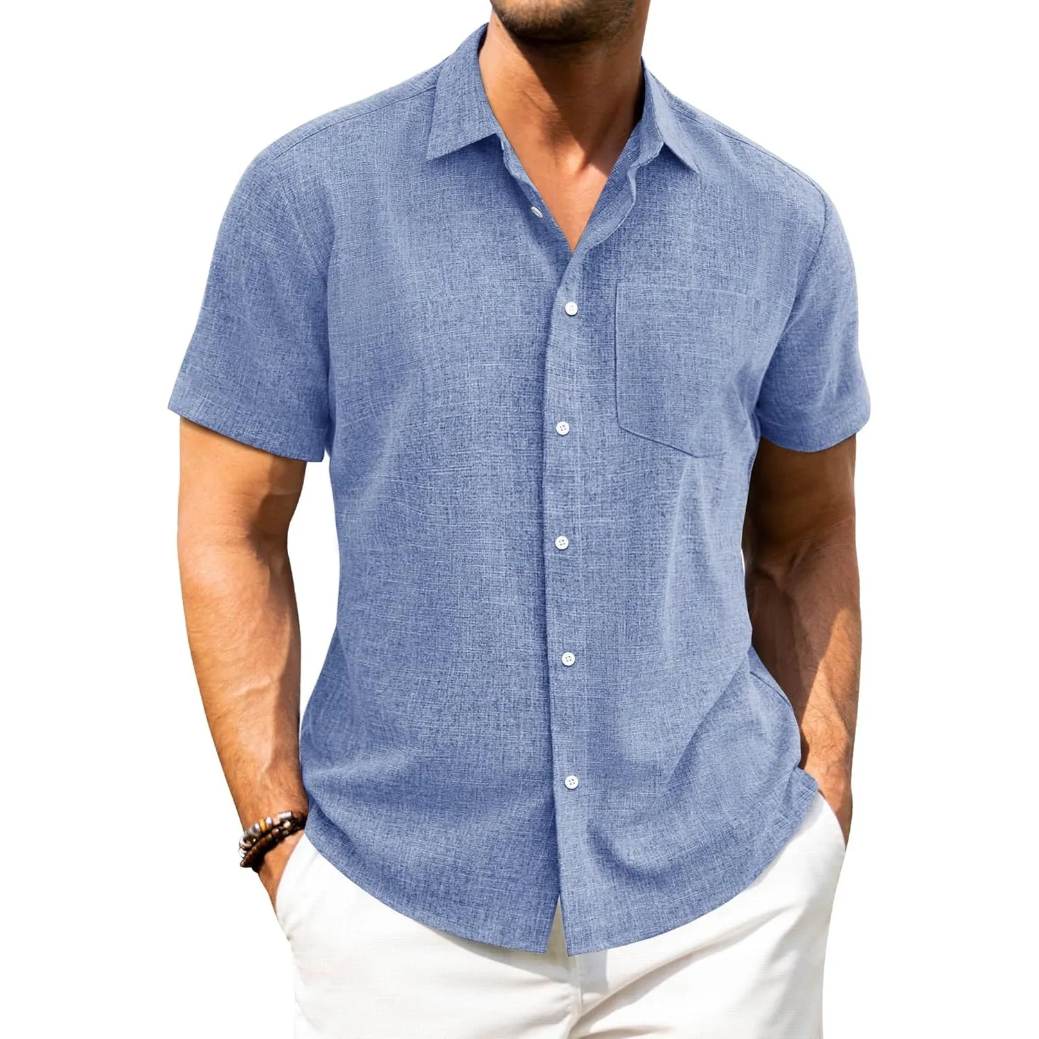 J.VER Leinenhemd Herren Kruzarm Freizeithemd Regular Fit Leicht und Luftig Sommerhemd Leinen Shirt mit Tasche